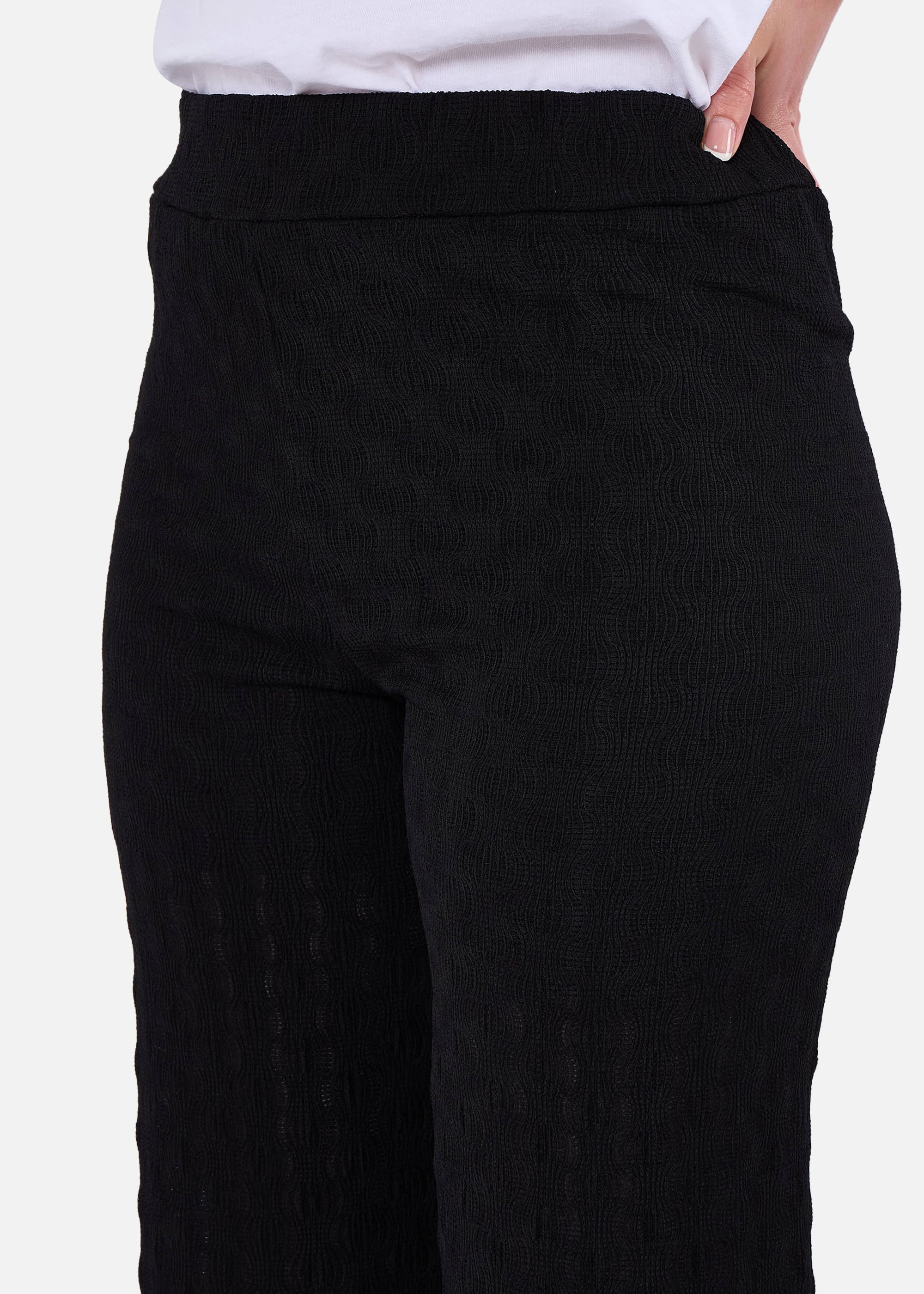Black Textured Elasticated Waist Flared Trousers