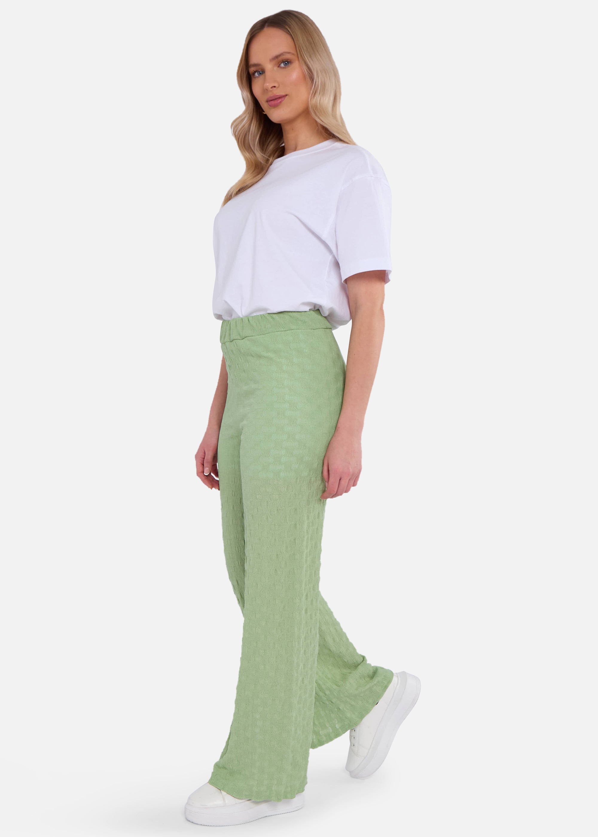 Sage Green Textured Elasticated Waist Flared Trousers