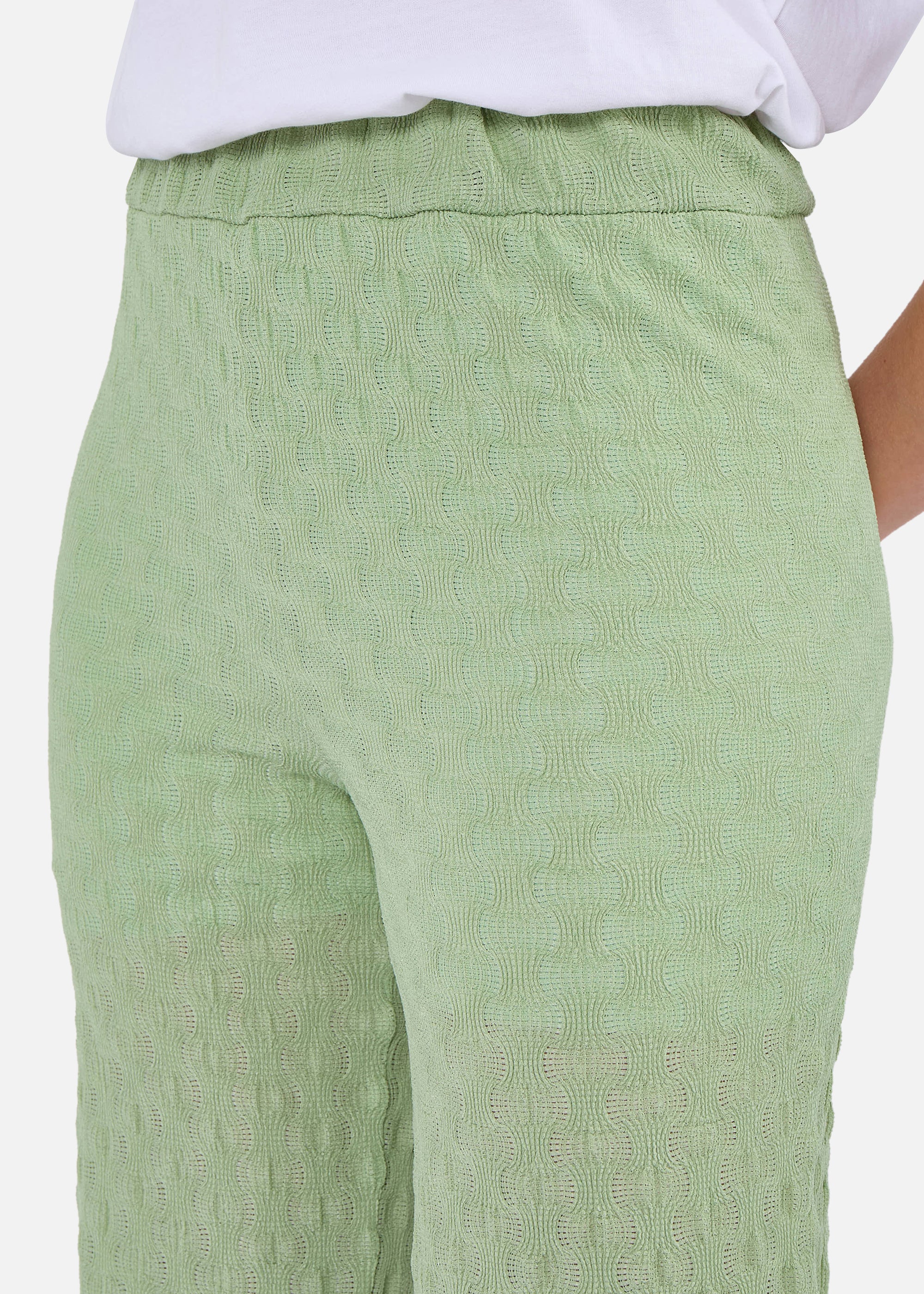 Sage Green Textured Elasticated Waist Flared Trousers