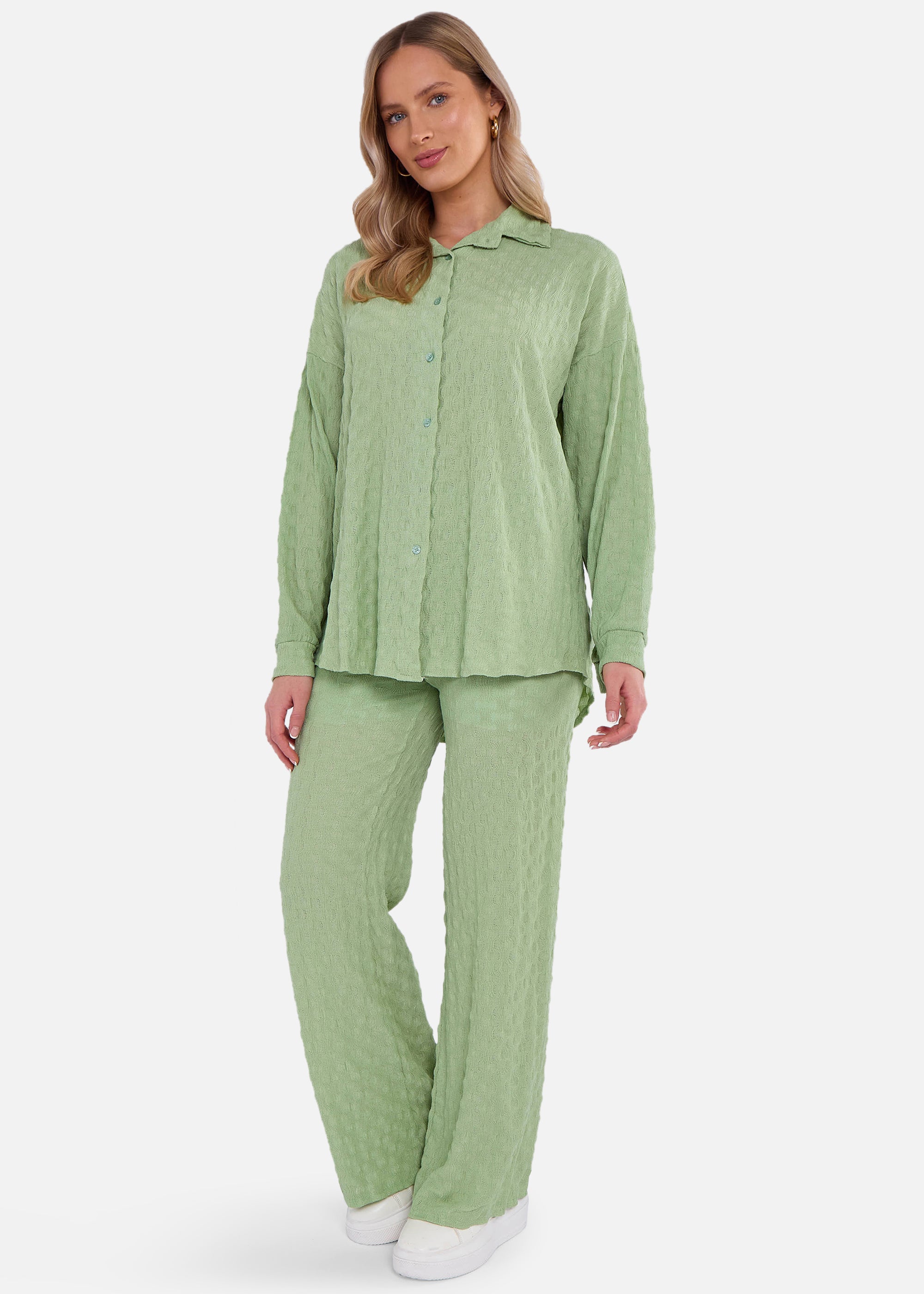 Sage Green Textured Oversized Long Sleeves Shirt