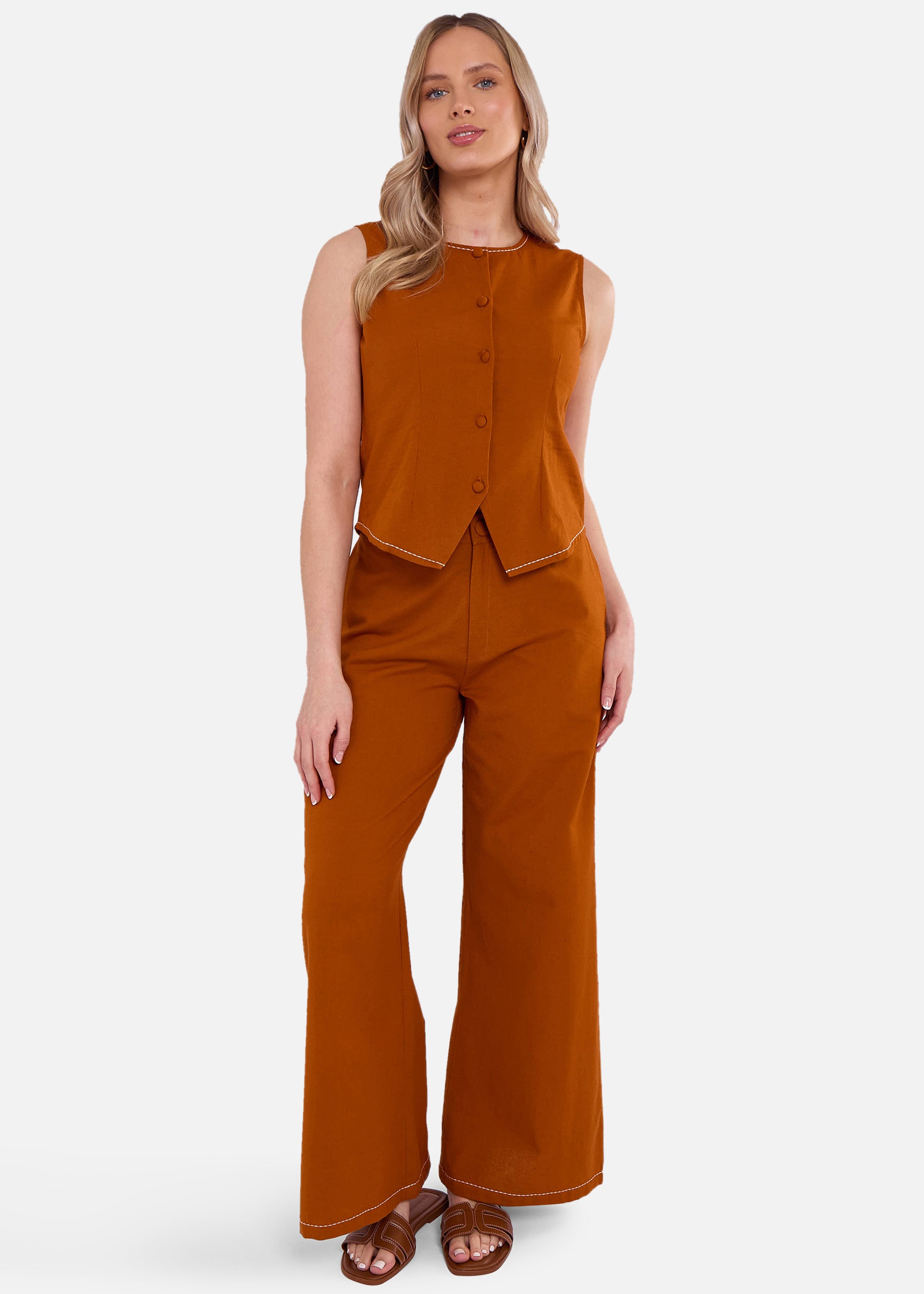 Rust Cotton Contrast Stitch Detail Waist Coat