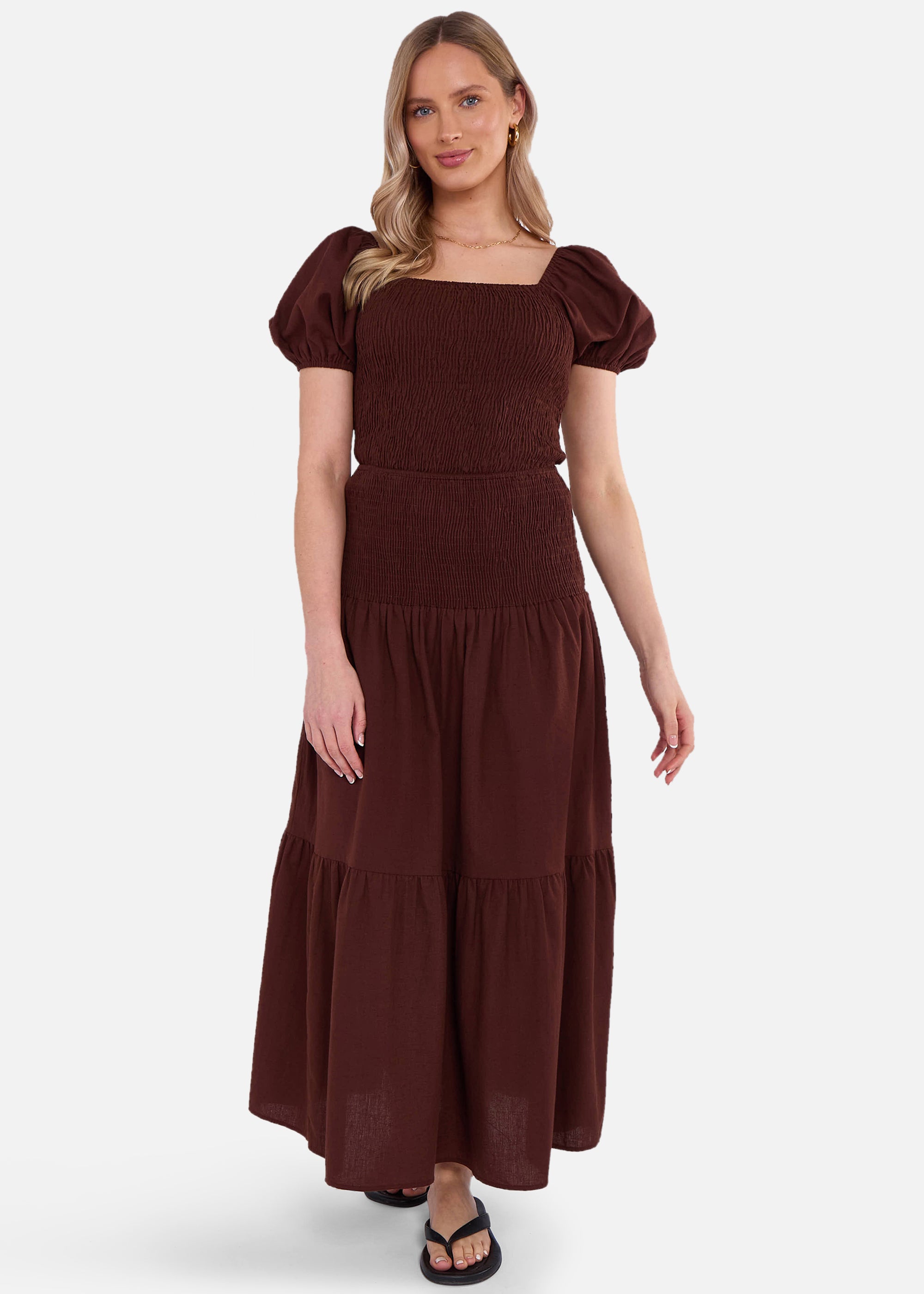 Chocolate Puff Sleeve Shirred Cotton Top