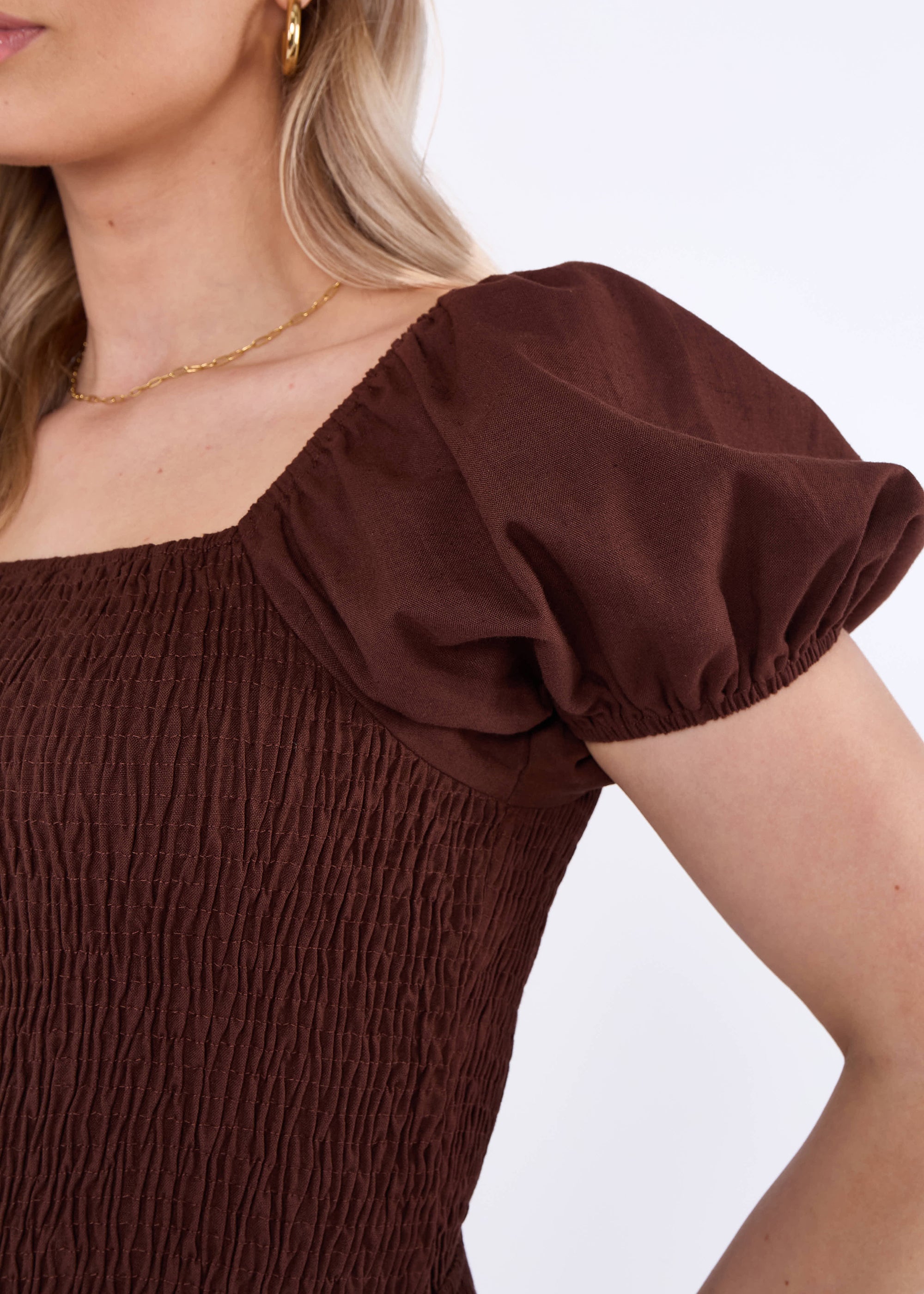 Chocolate Puff Sleeve Shirred Cotton Top