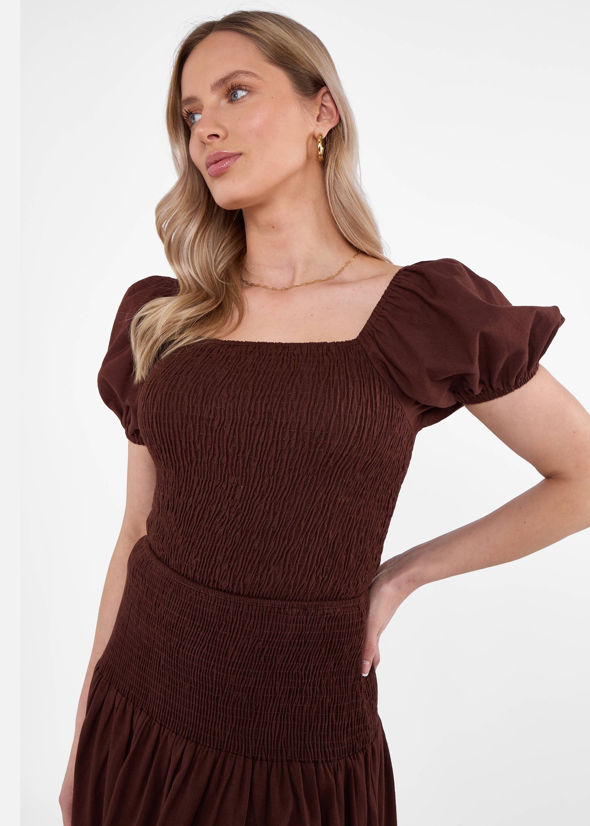Chocolate Puff Sleeve Shirred Cotton Top