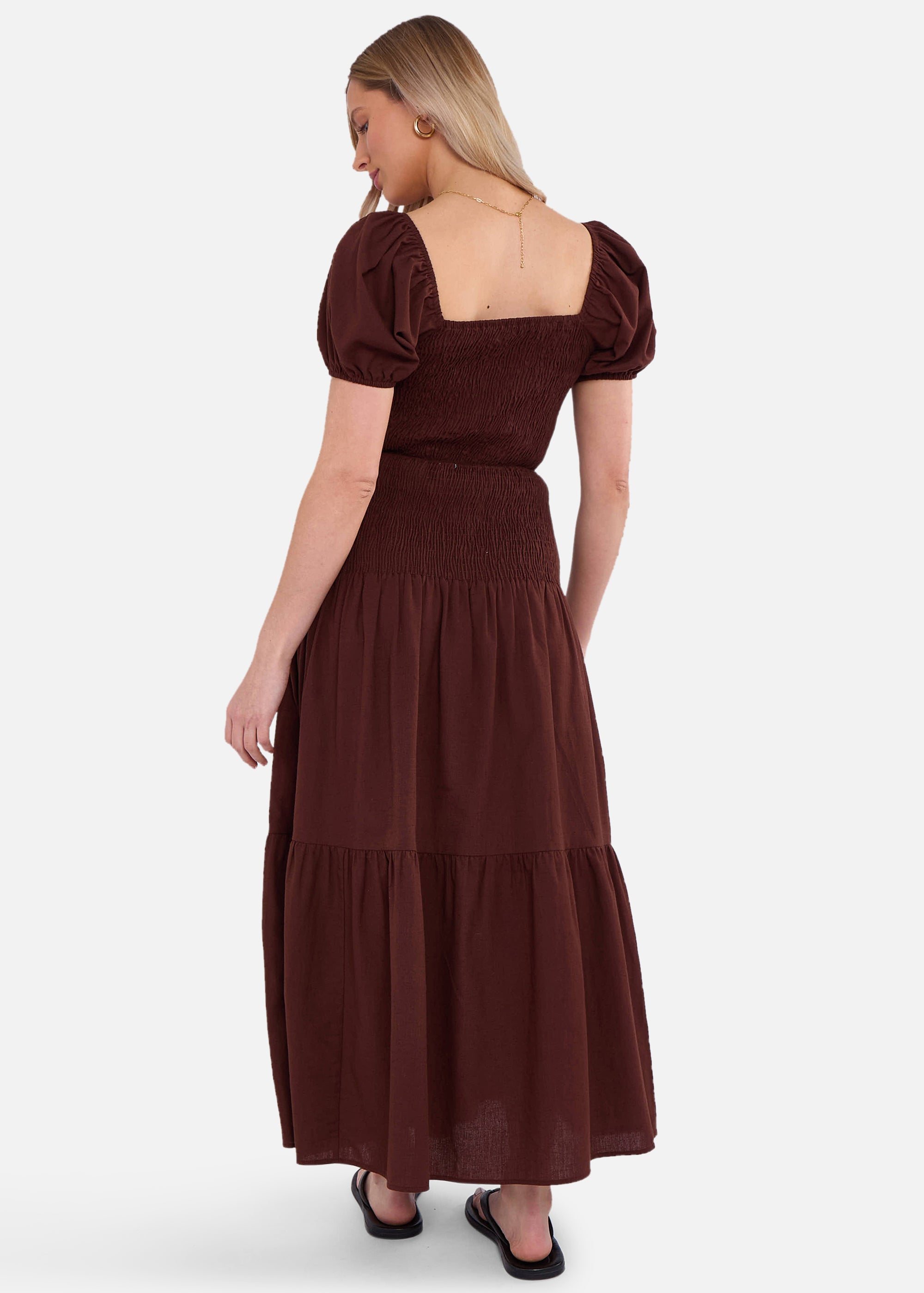 Chocolate Puff Sleeve Shirred Cotton Top
