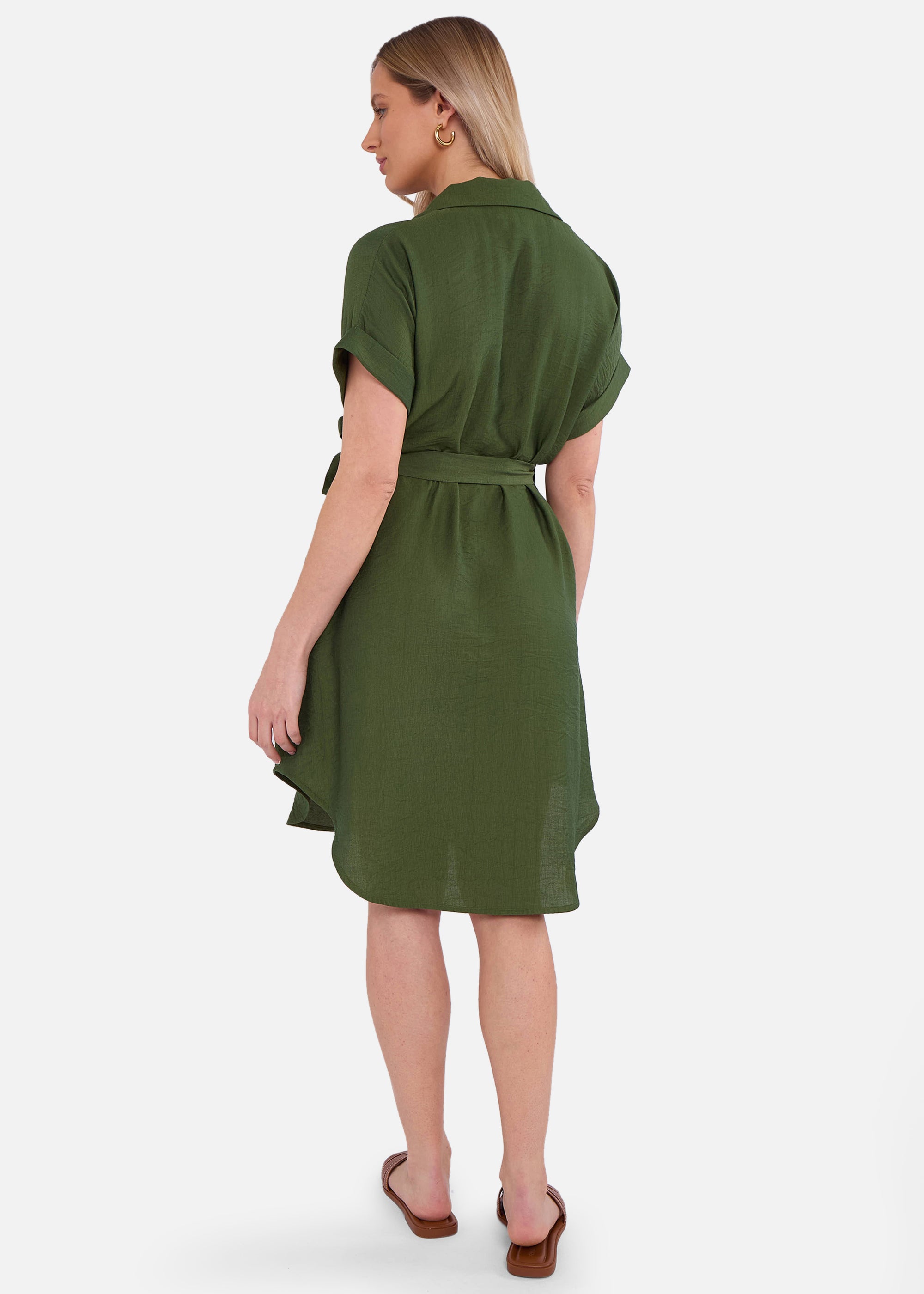 Khaki Utility Belted Oversized Viscose Shirt Dress