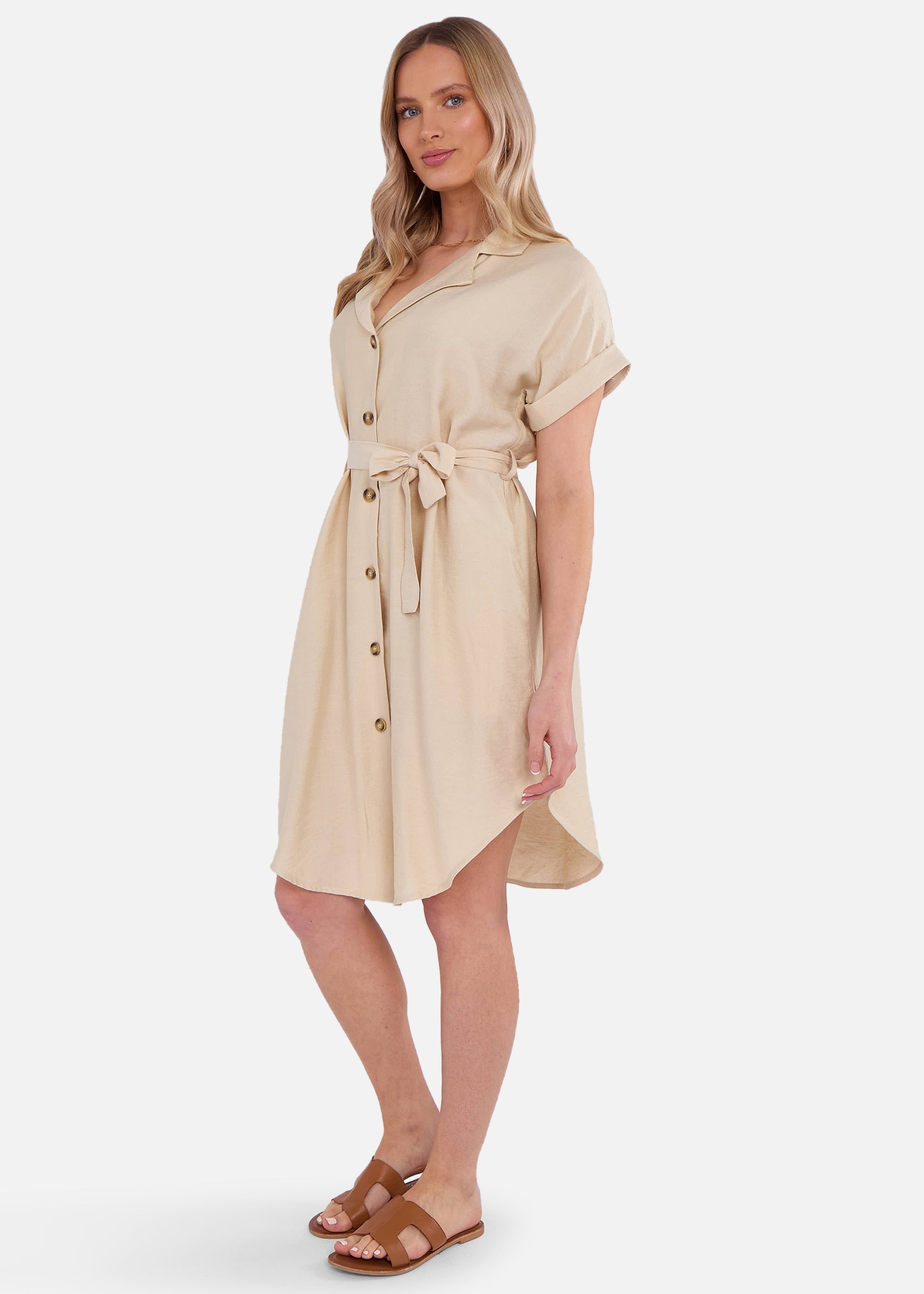 Beige Utility Belted Oversized Viscose Shirt Dress