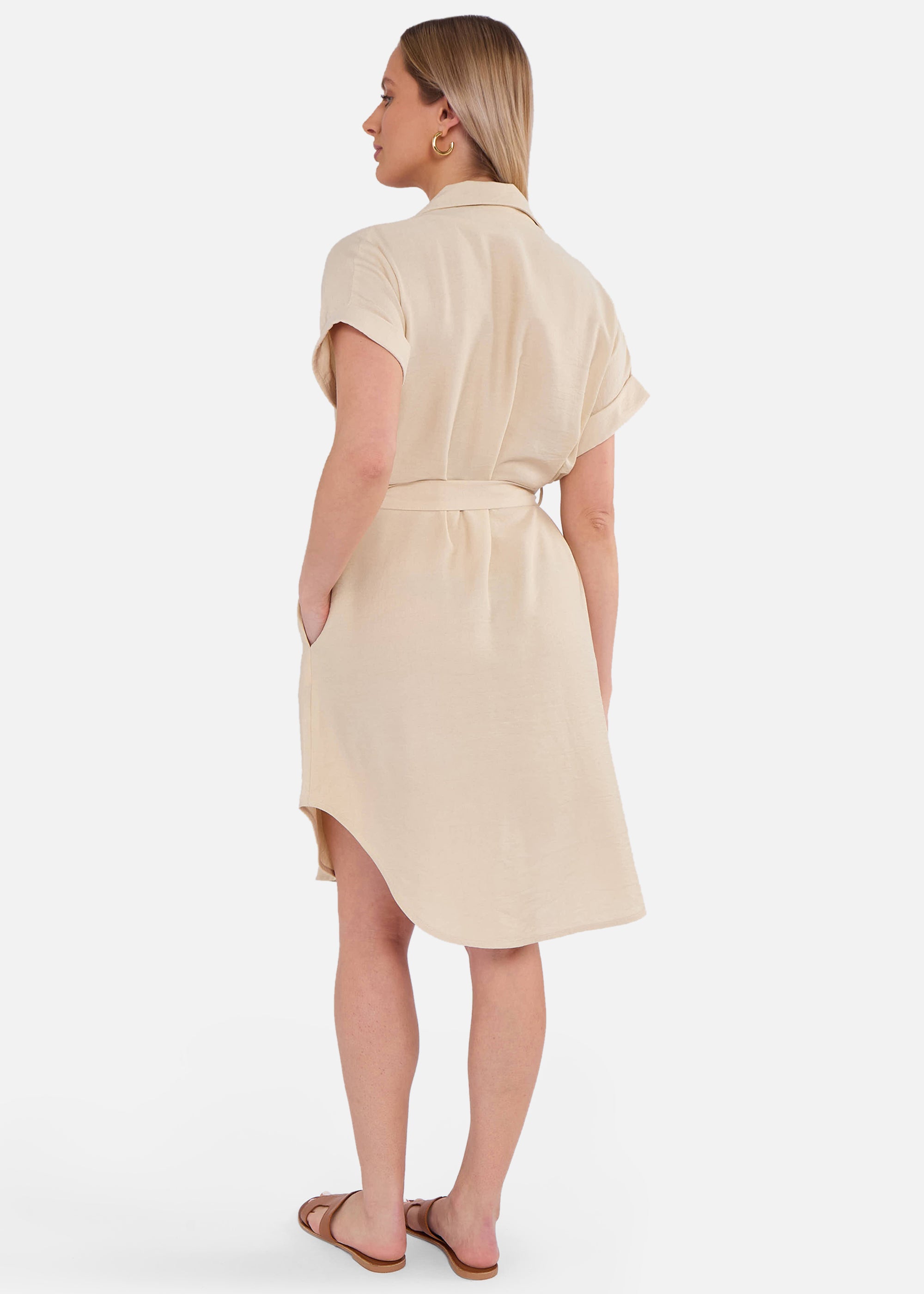 Beige Utility Belted Oversized Viscose Shirt Dress