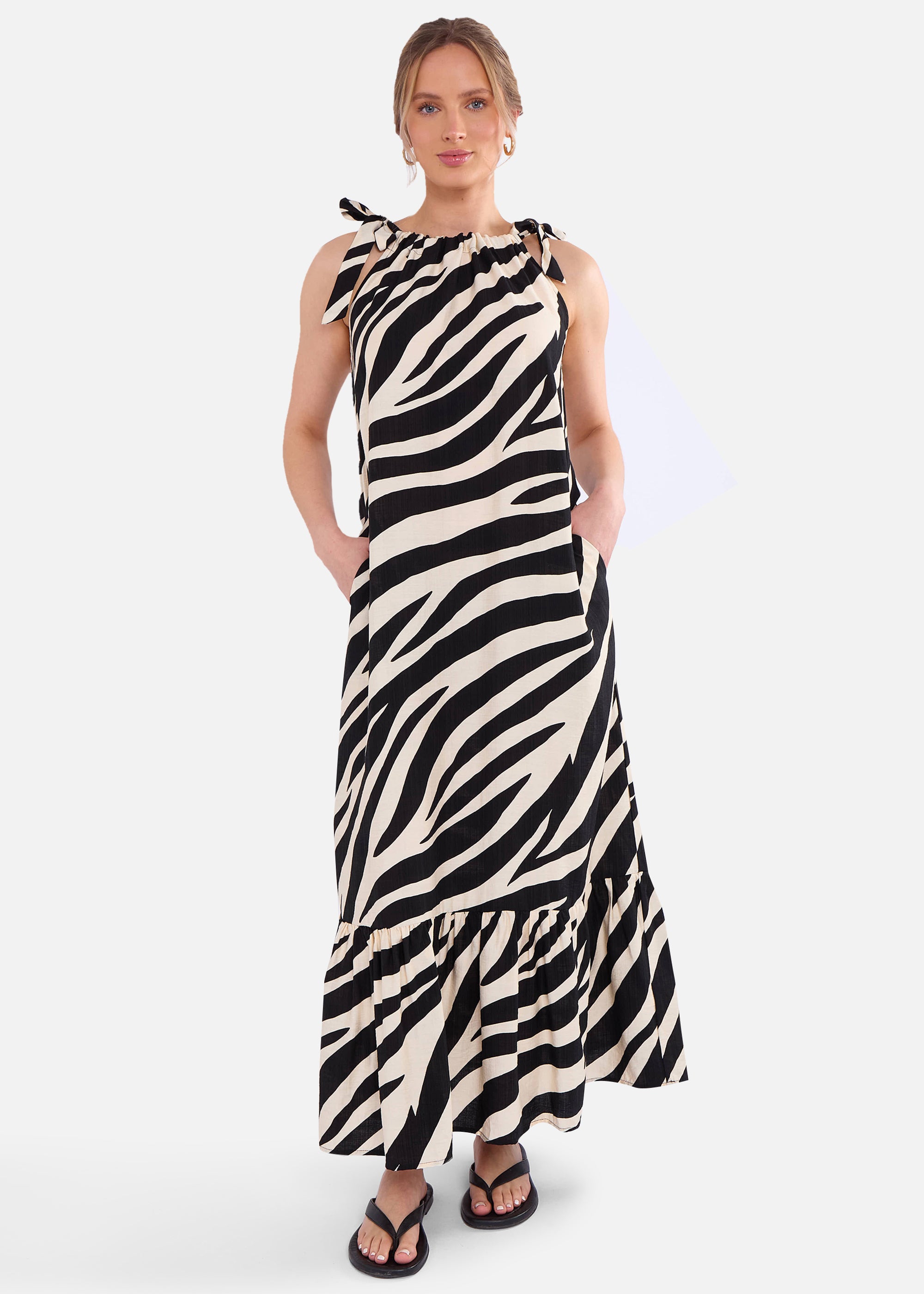 Mono Zebra Print Tie Shoulder Maxi Dress