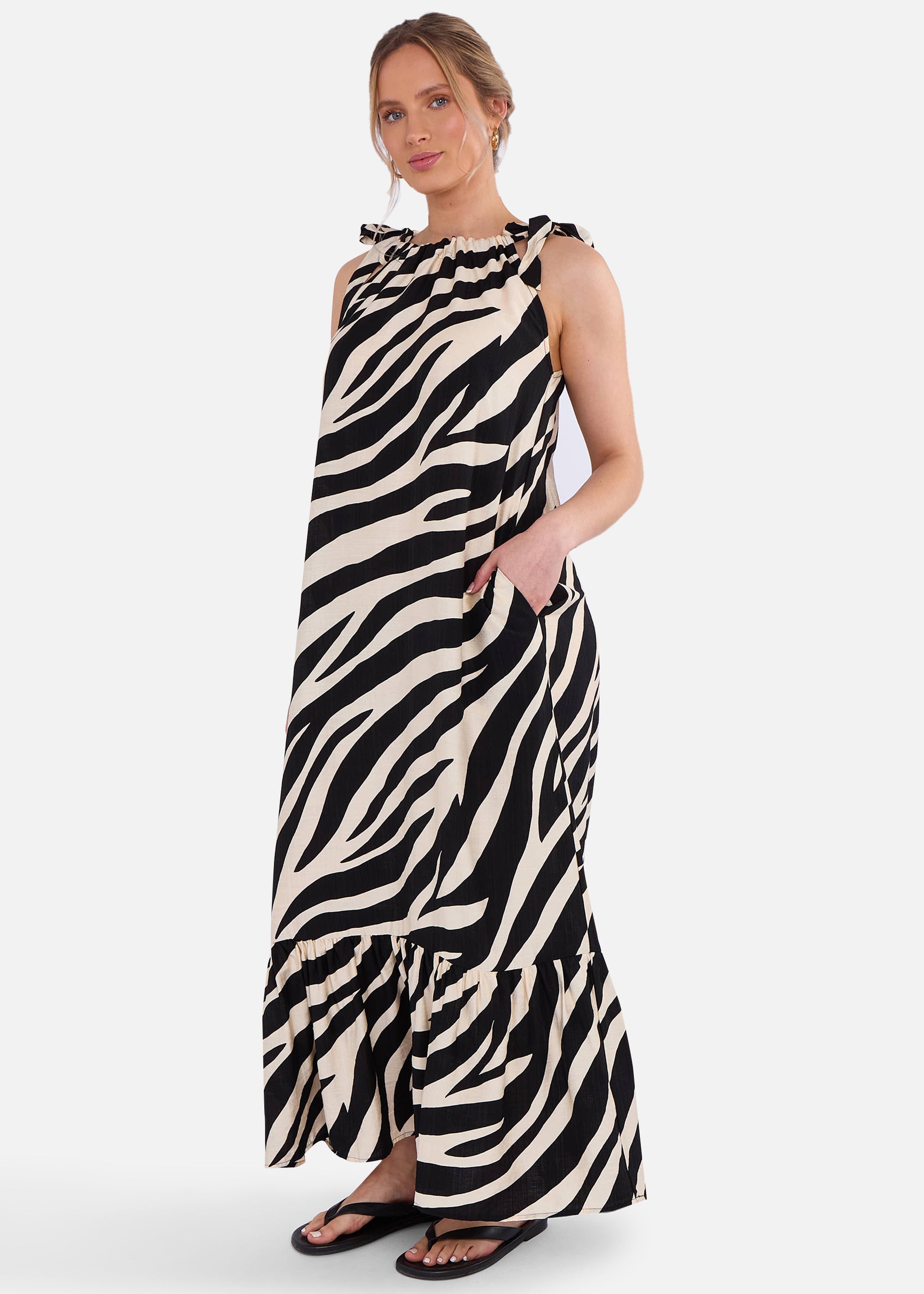 Mono Zebra Print Tie Shoulder Maxi Dress