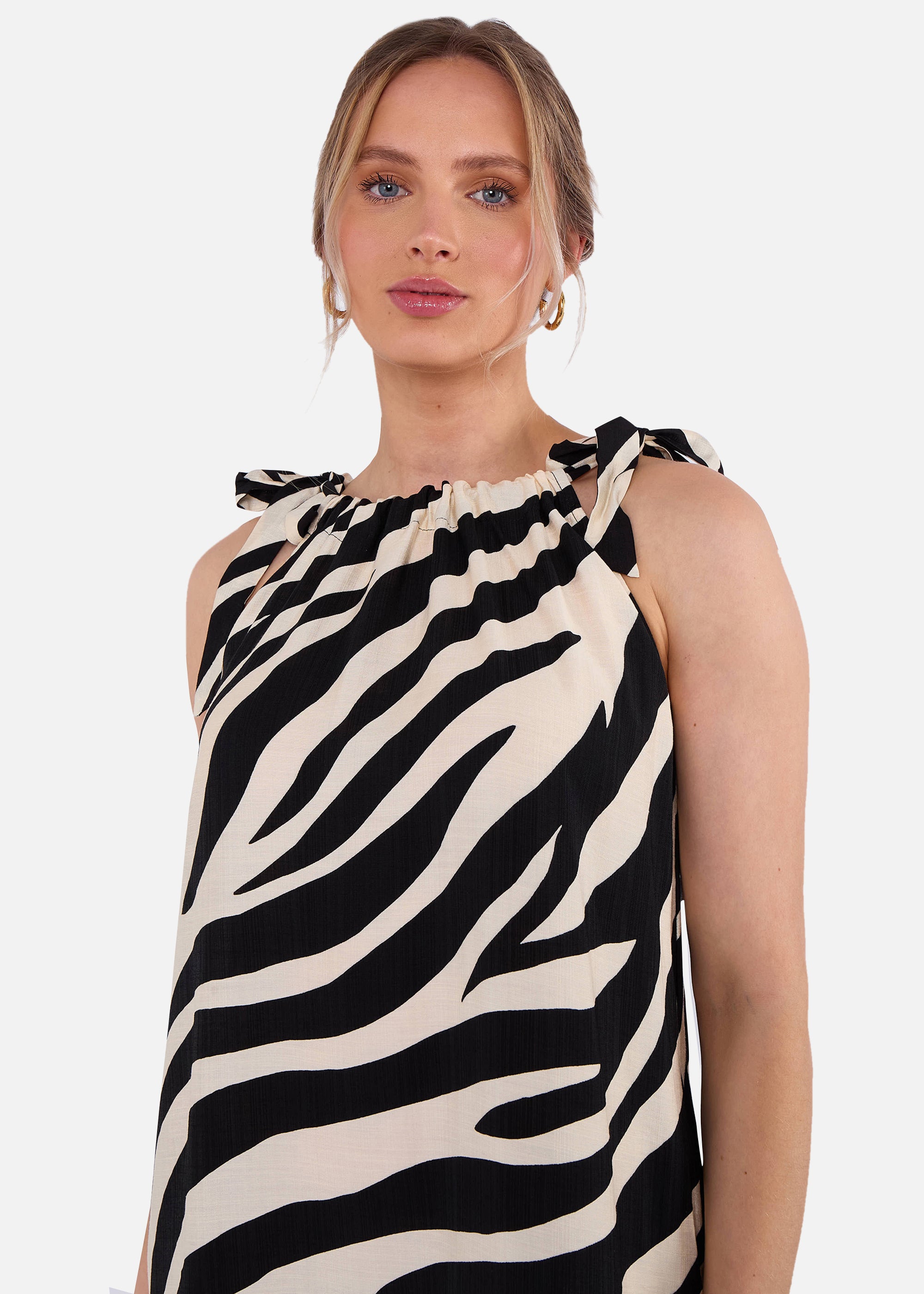 Mono Zebra Print Tie Shoulder Maxi Dress