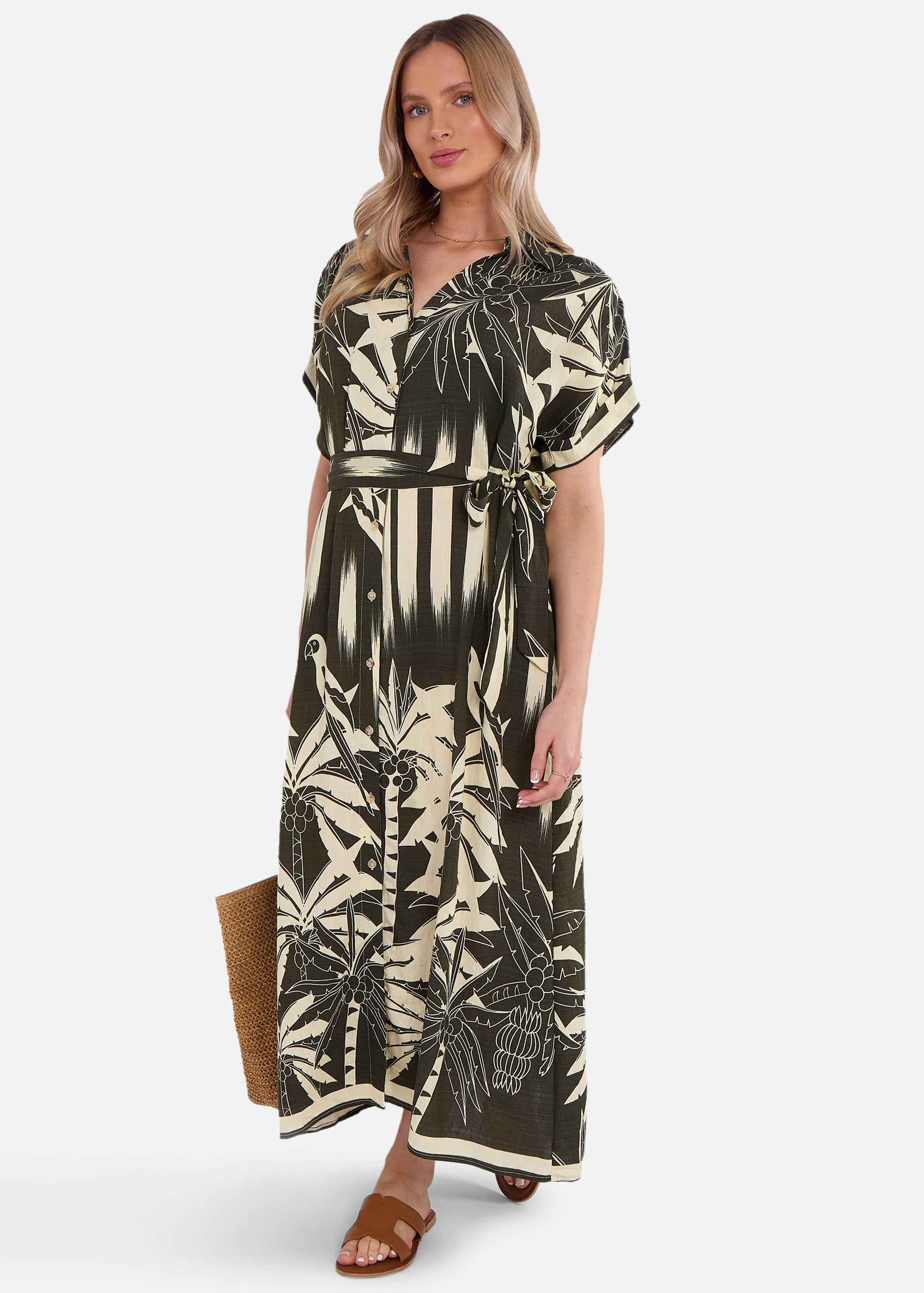 Khaki Tropical Print Midi Shirt Dress