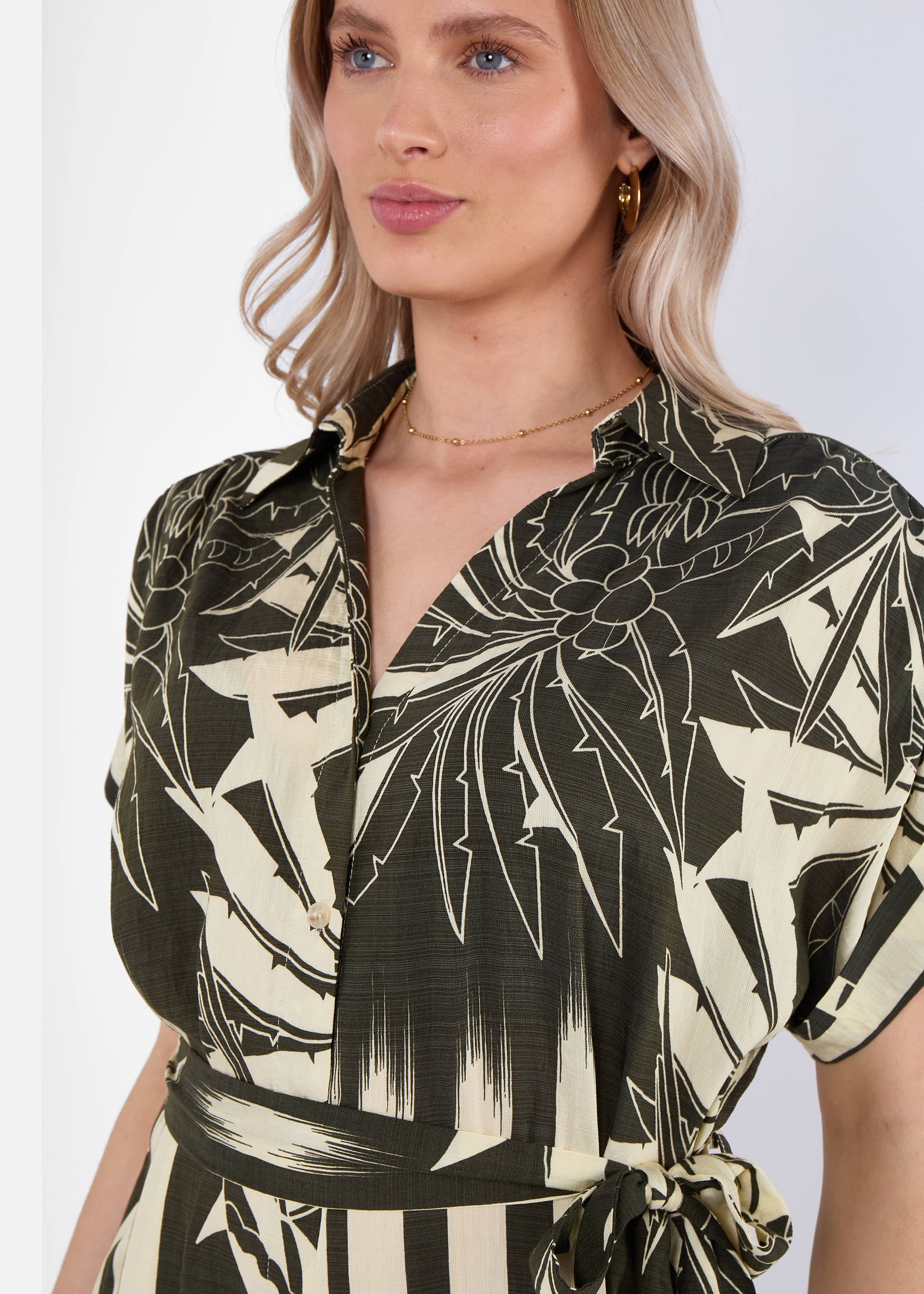 Khaki Tropical Print Midi Shirt Dress