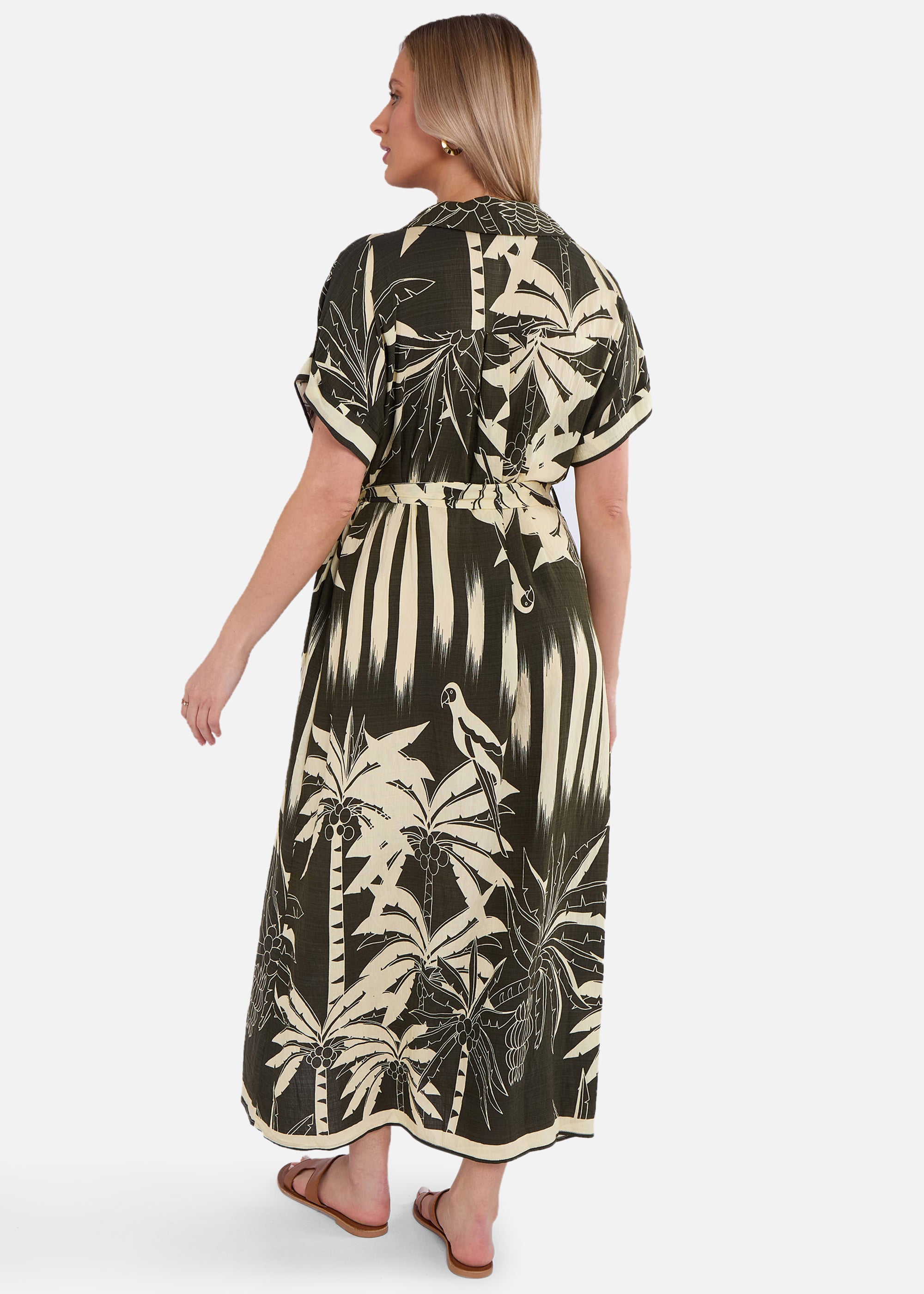 Khaki Tropical Print Midi Shirt Dress
