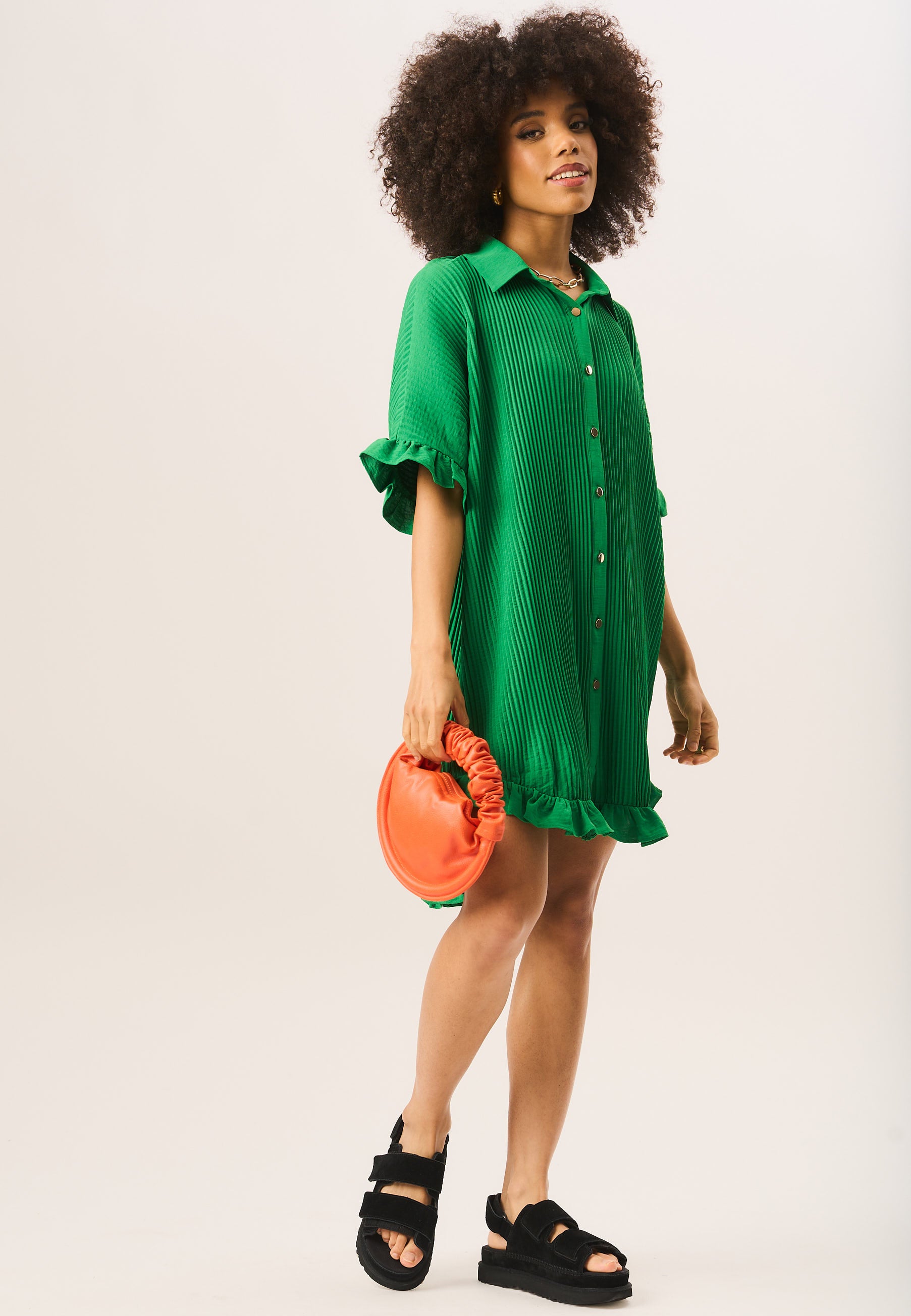 Green Plisse Frill Detail Oversized Shirt Dress