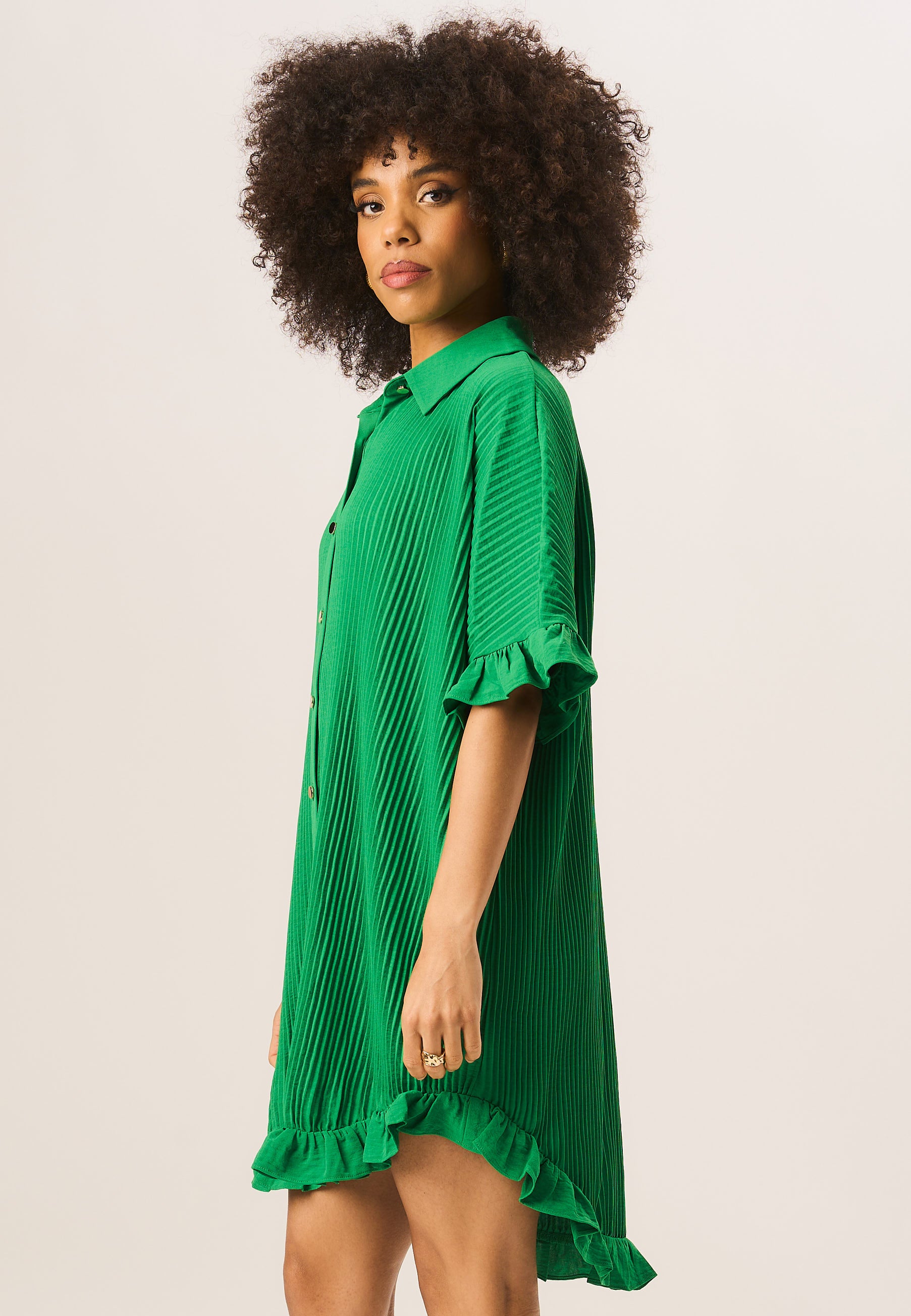 Green Plisse Frill Detail Oversized Shirt Dress