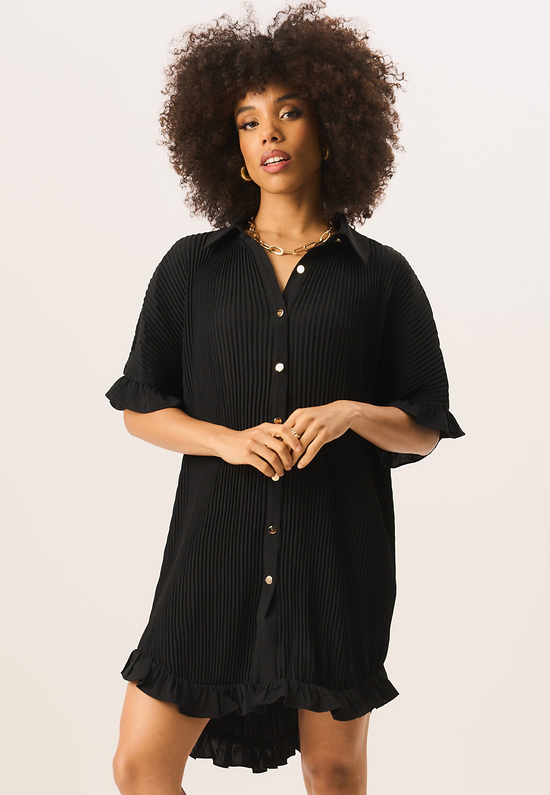 Black Plisse Frill Detail Oversized Shirt Dress