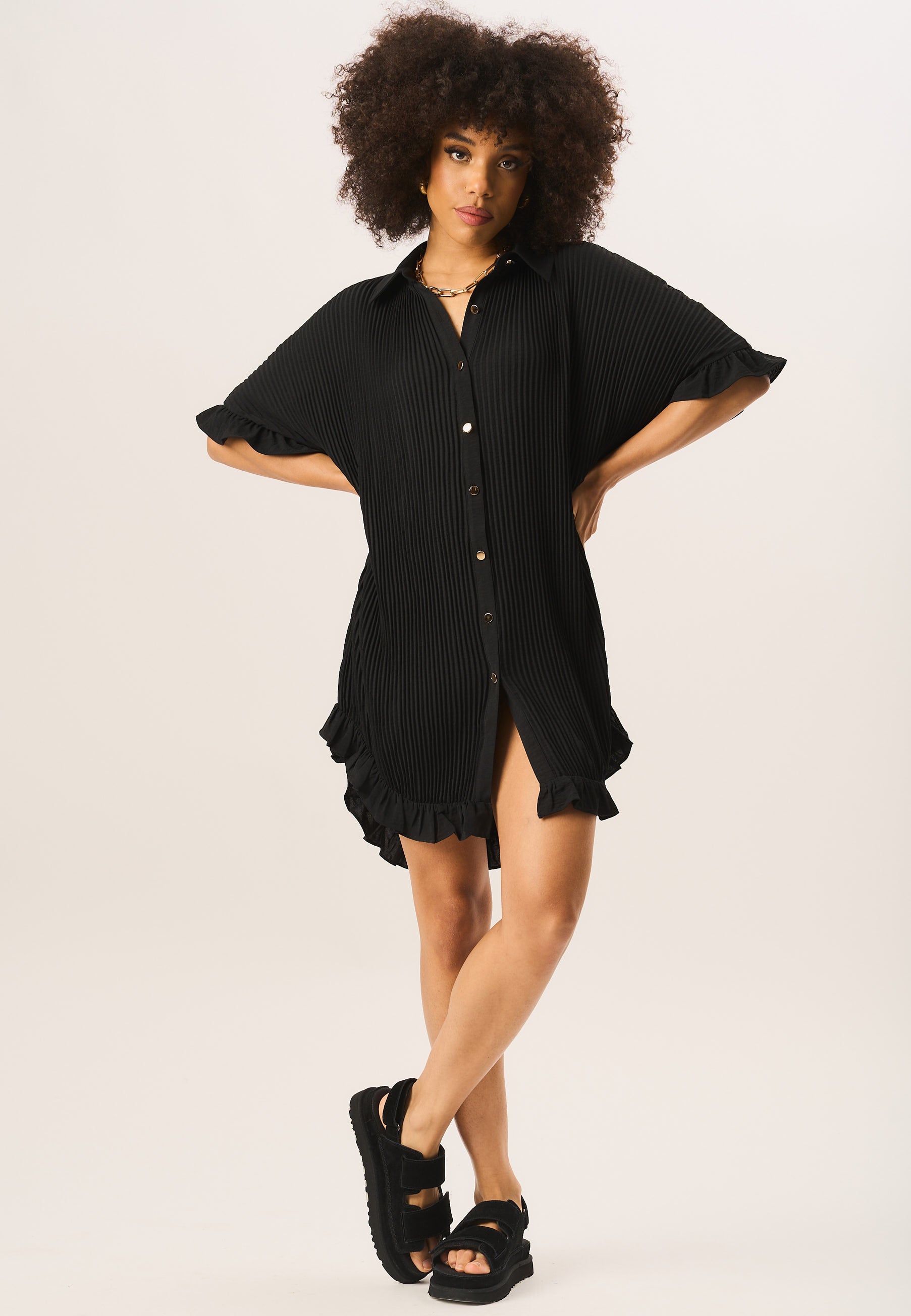 Black Plisse Frill Detail Oversized Shirt Dress