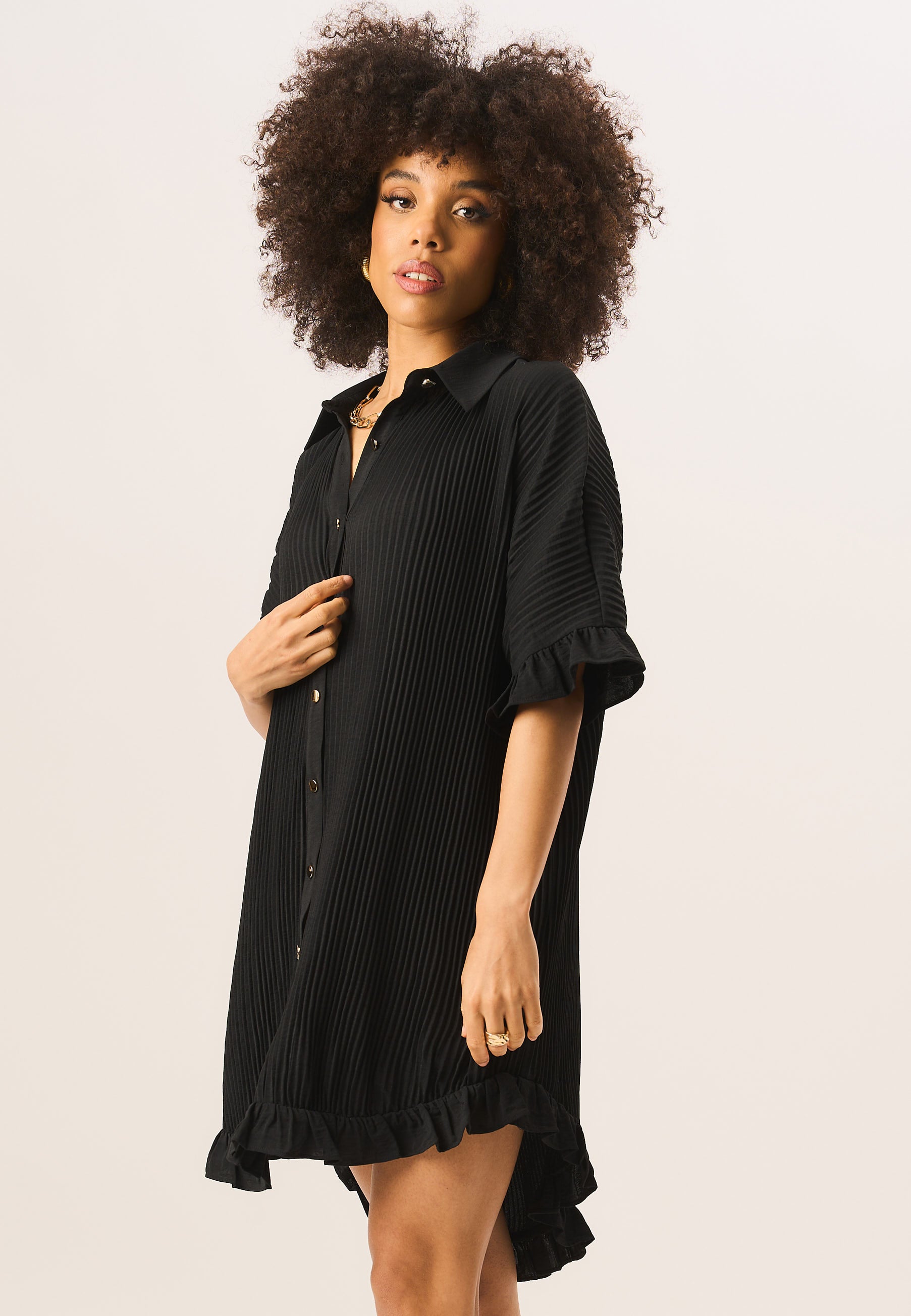 Black Plisse Frill Detail Oversized Shirt Dress