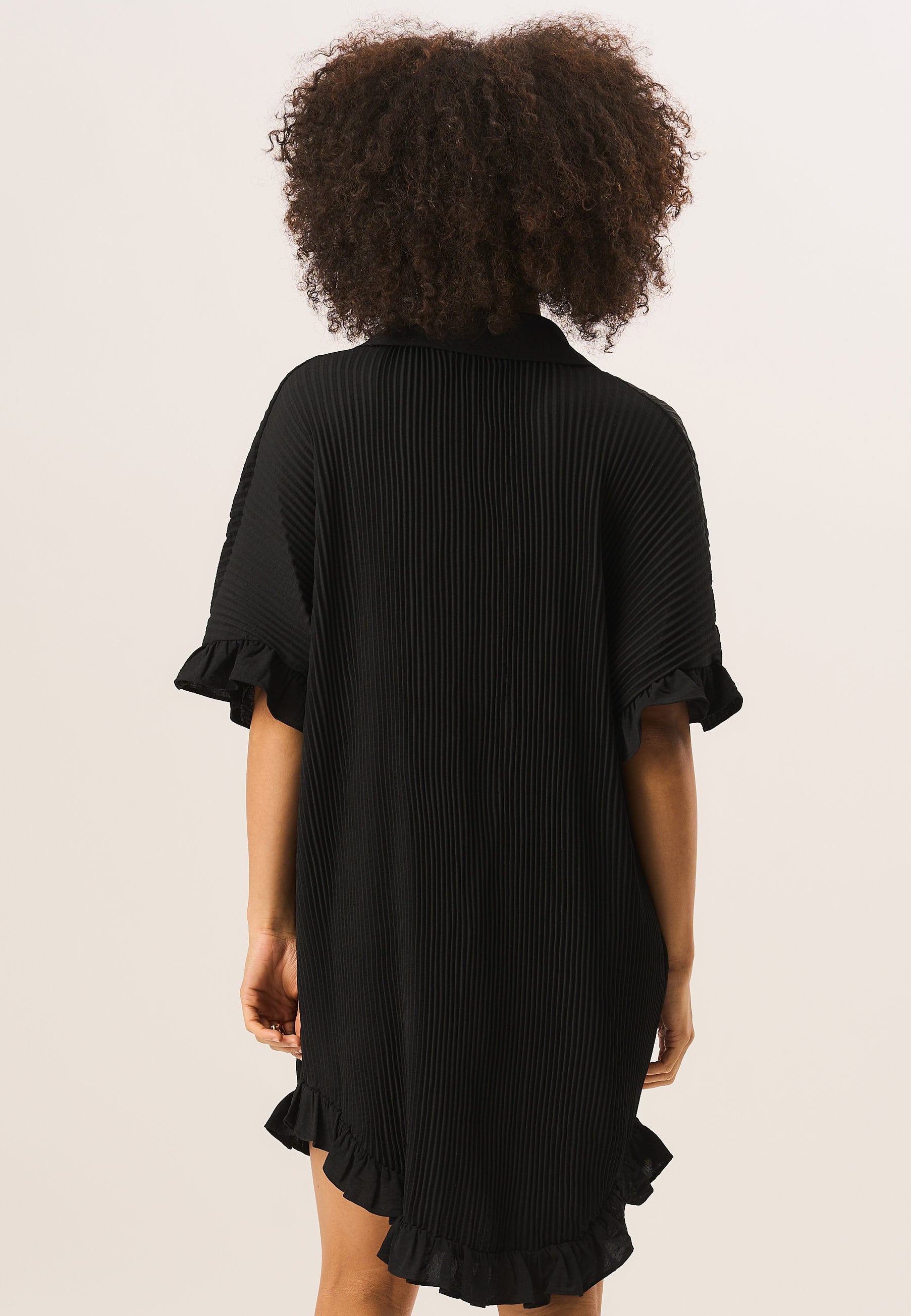 Black Plisse Frill Detail Oversized Shirt Dress