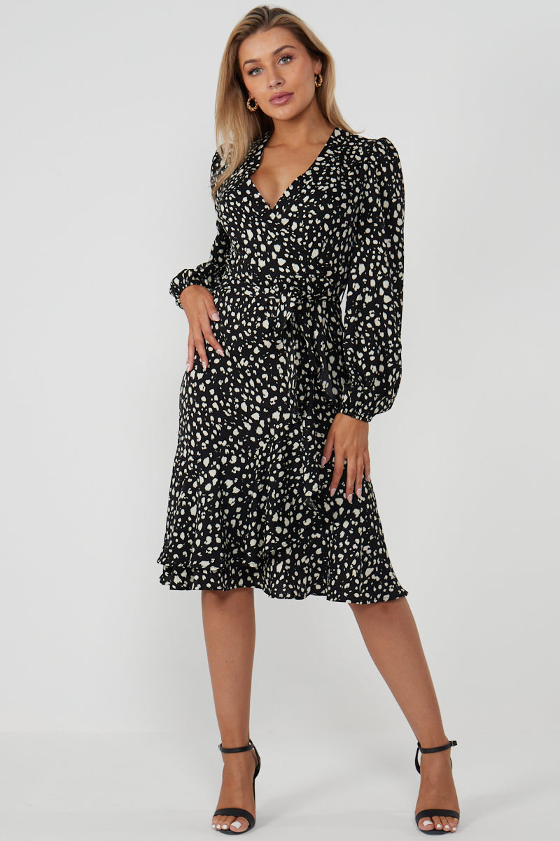 Black Full Sleeve Belted Wrap Midi Dress