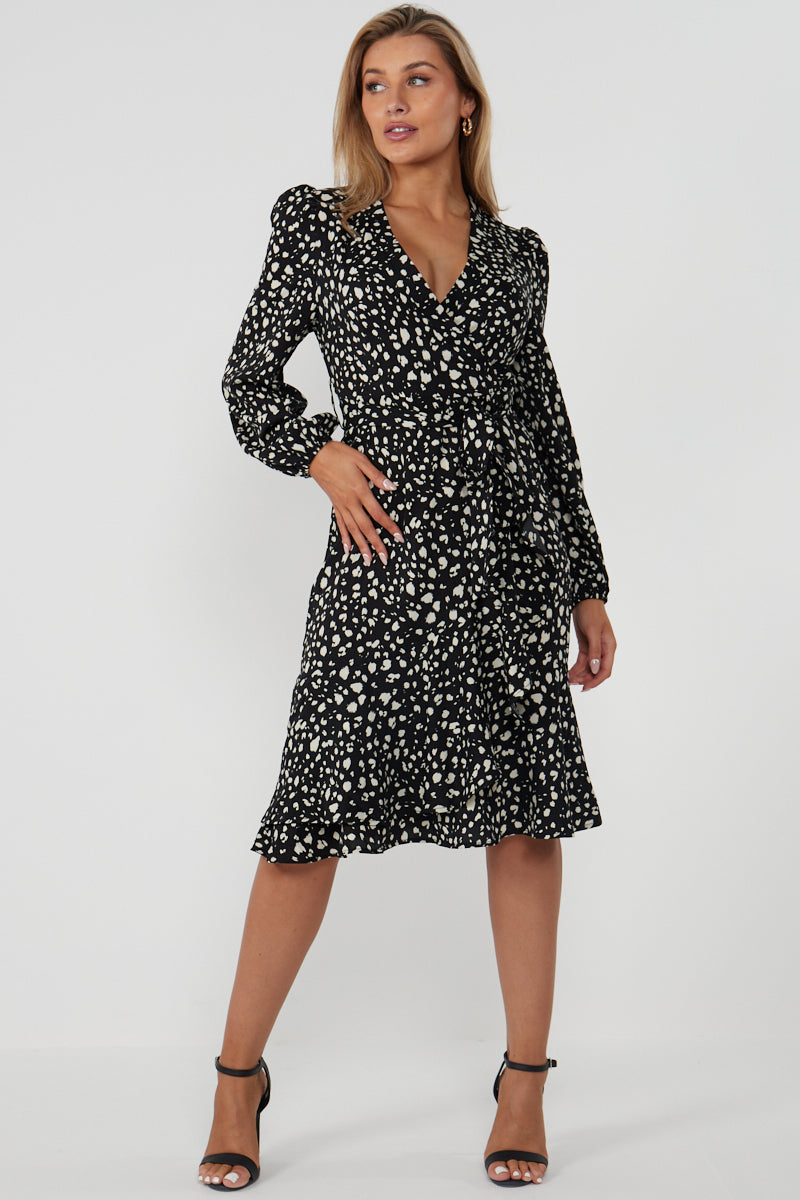 Black Full Sleeve Belted Wrap Midi Dress