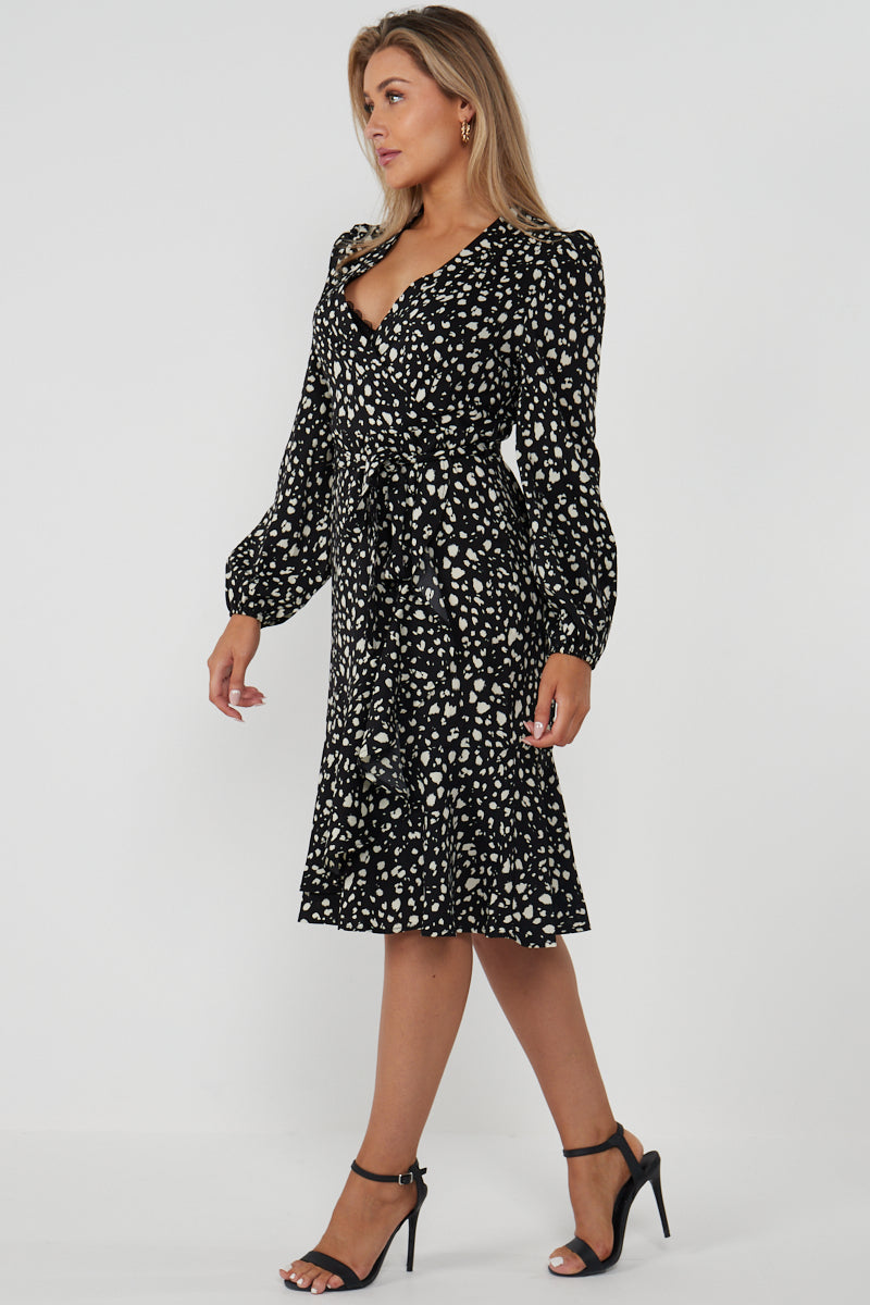 Black Full Sleeve Belted Wrap Midi Dress