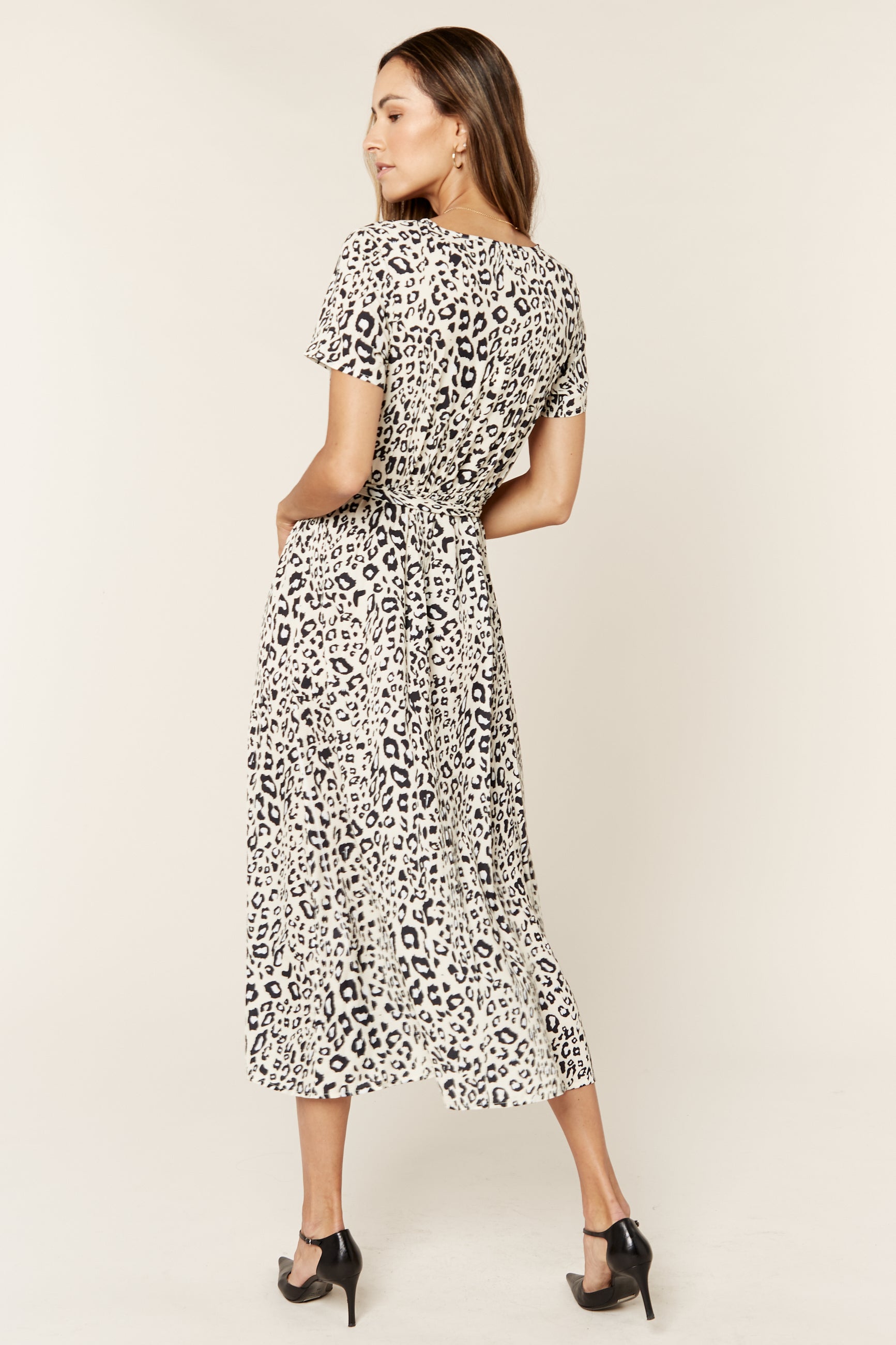 Beige Short Sleeve Animal Print Wrap Midi Dress
