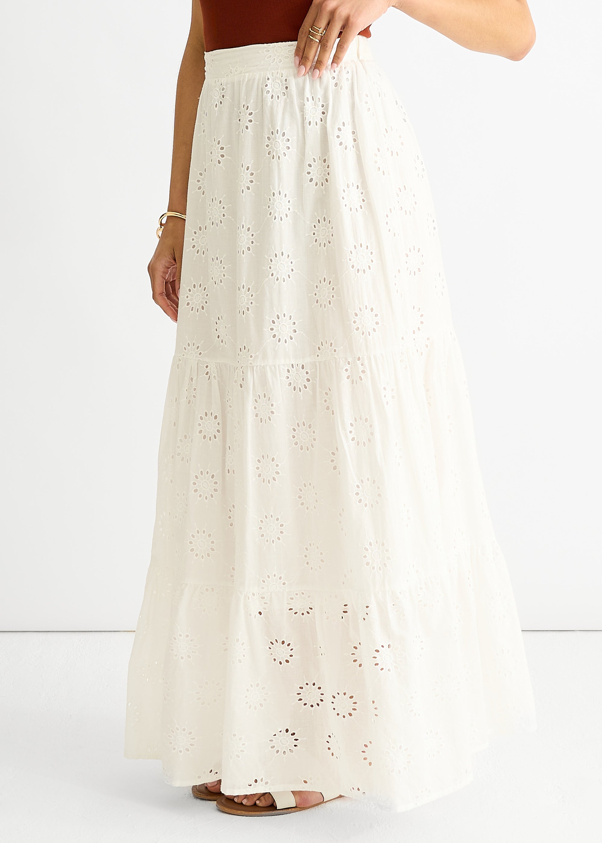 White Tiered Lace Embroidered Long Skirt