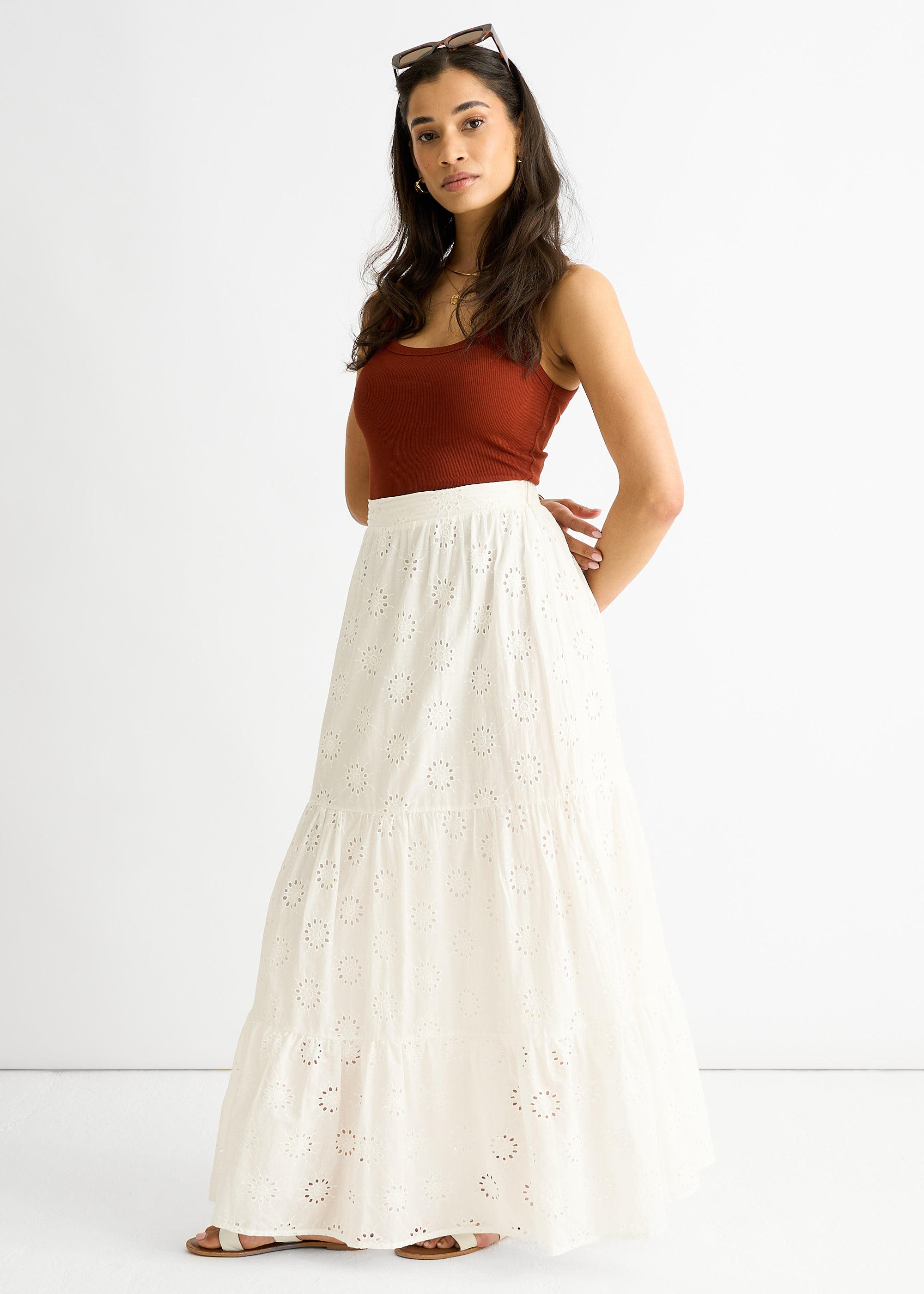 White Tiered Lace Embroidered Long Skirt