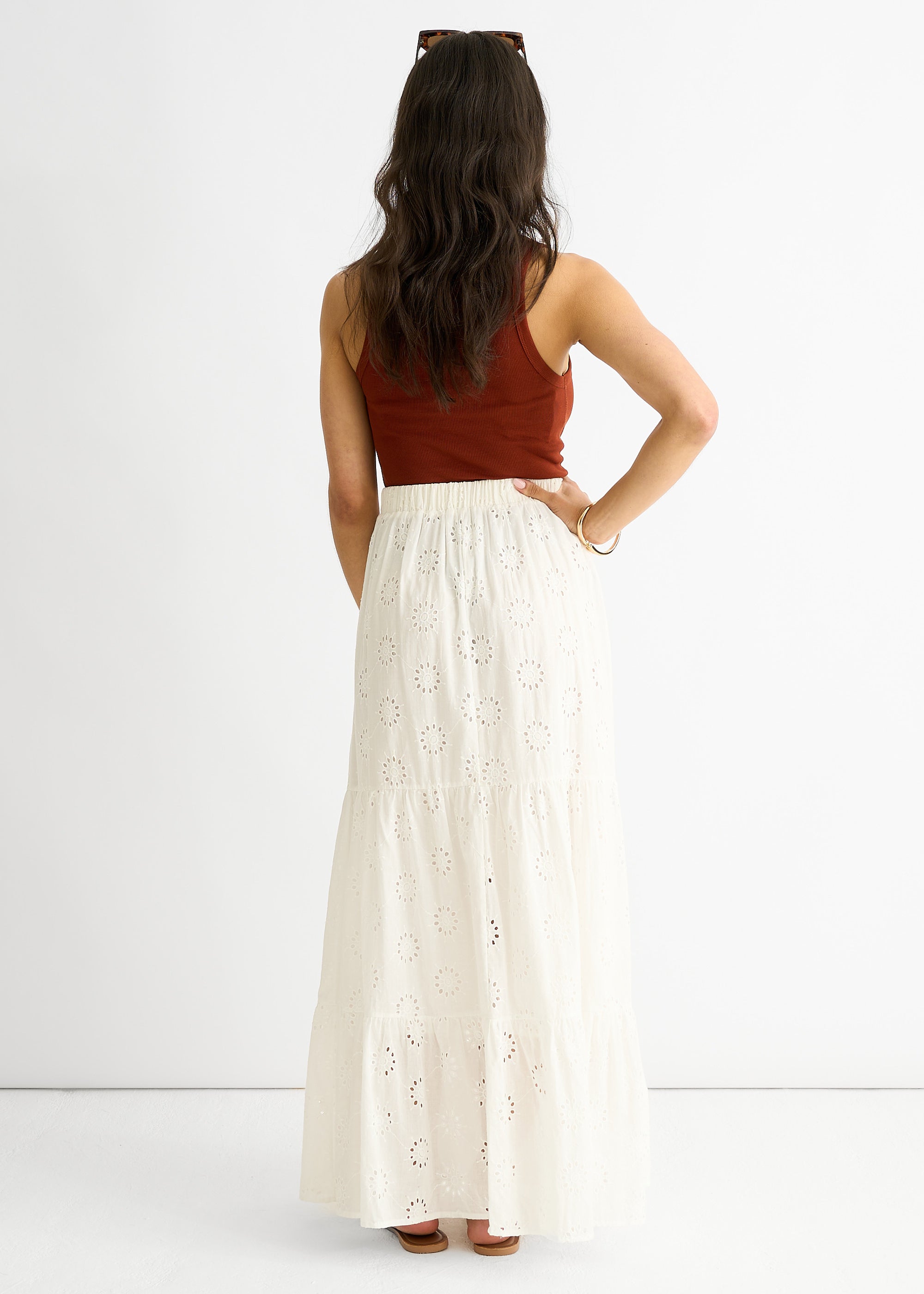 White Tiered Lace Embroidered Long Skirt
