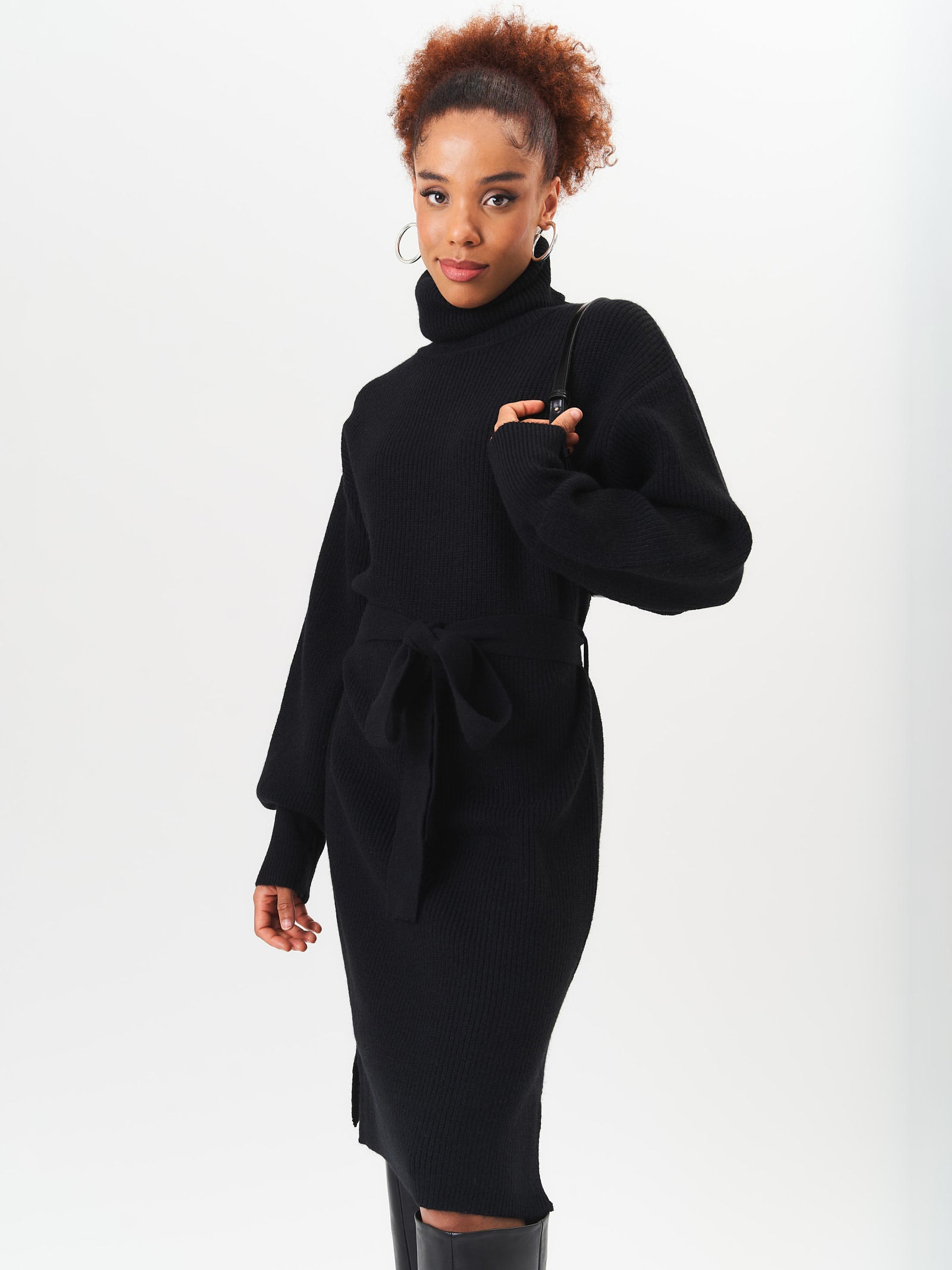 Black Roll Neck Oversized Knit Jumper Dress