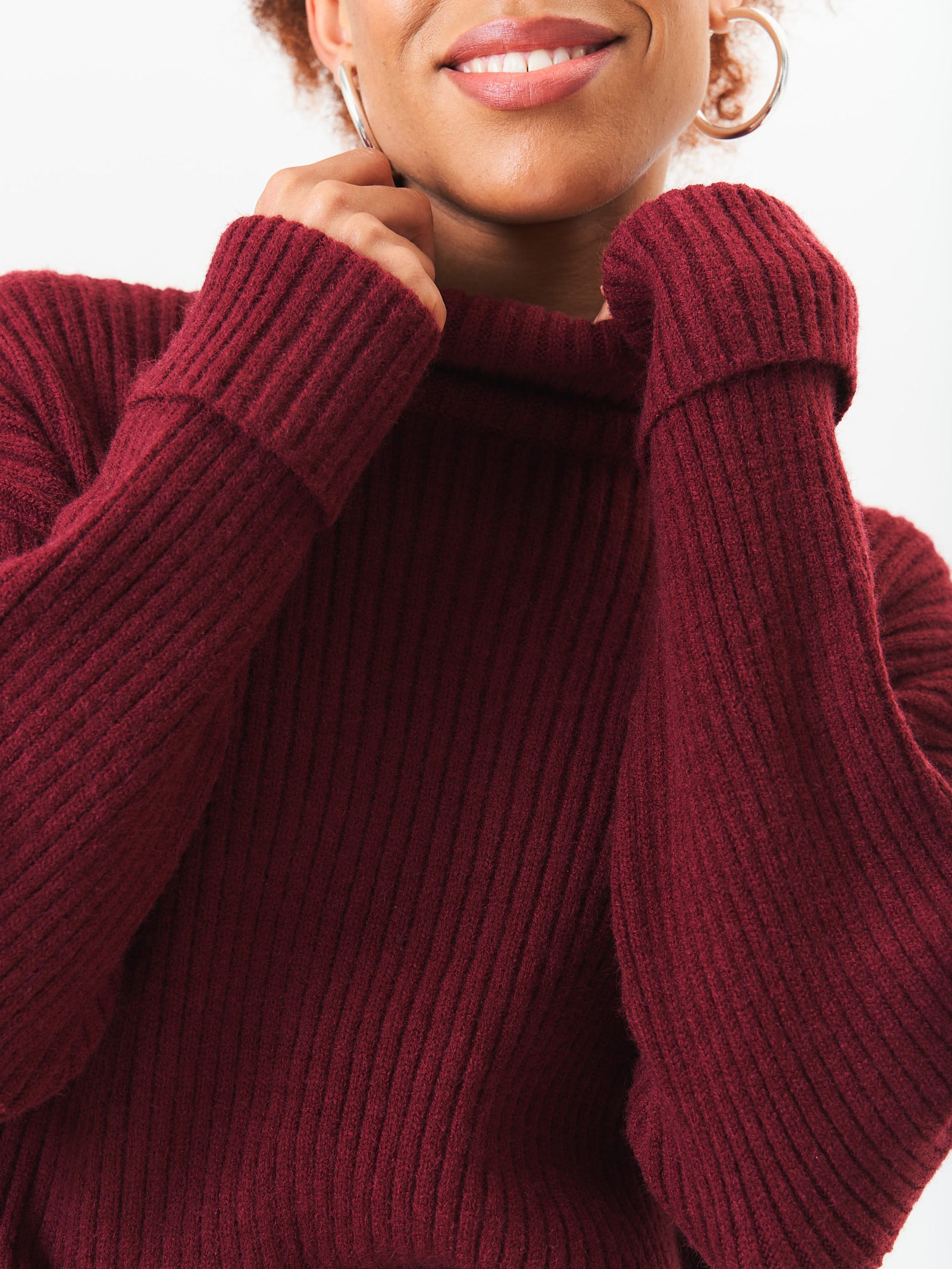 Burgundy High Neck Chunky Knit Crop Jumper