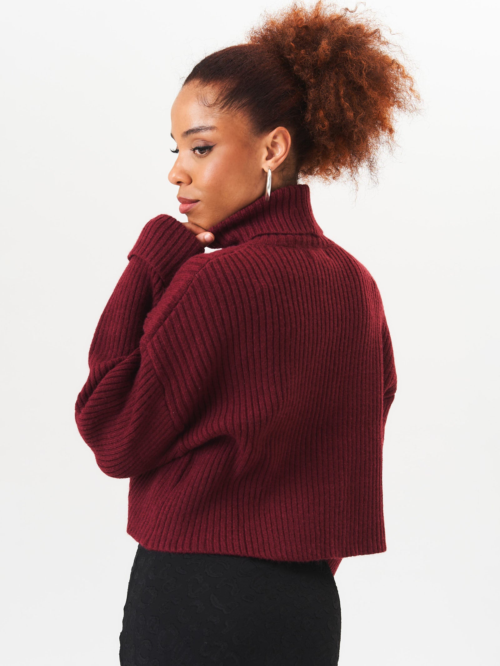 Burgundy High Neck Chunky Knit Crop Jumper
