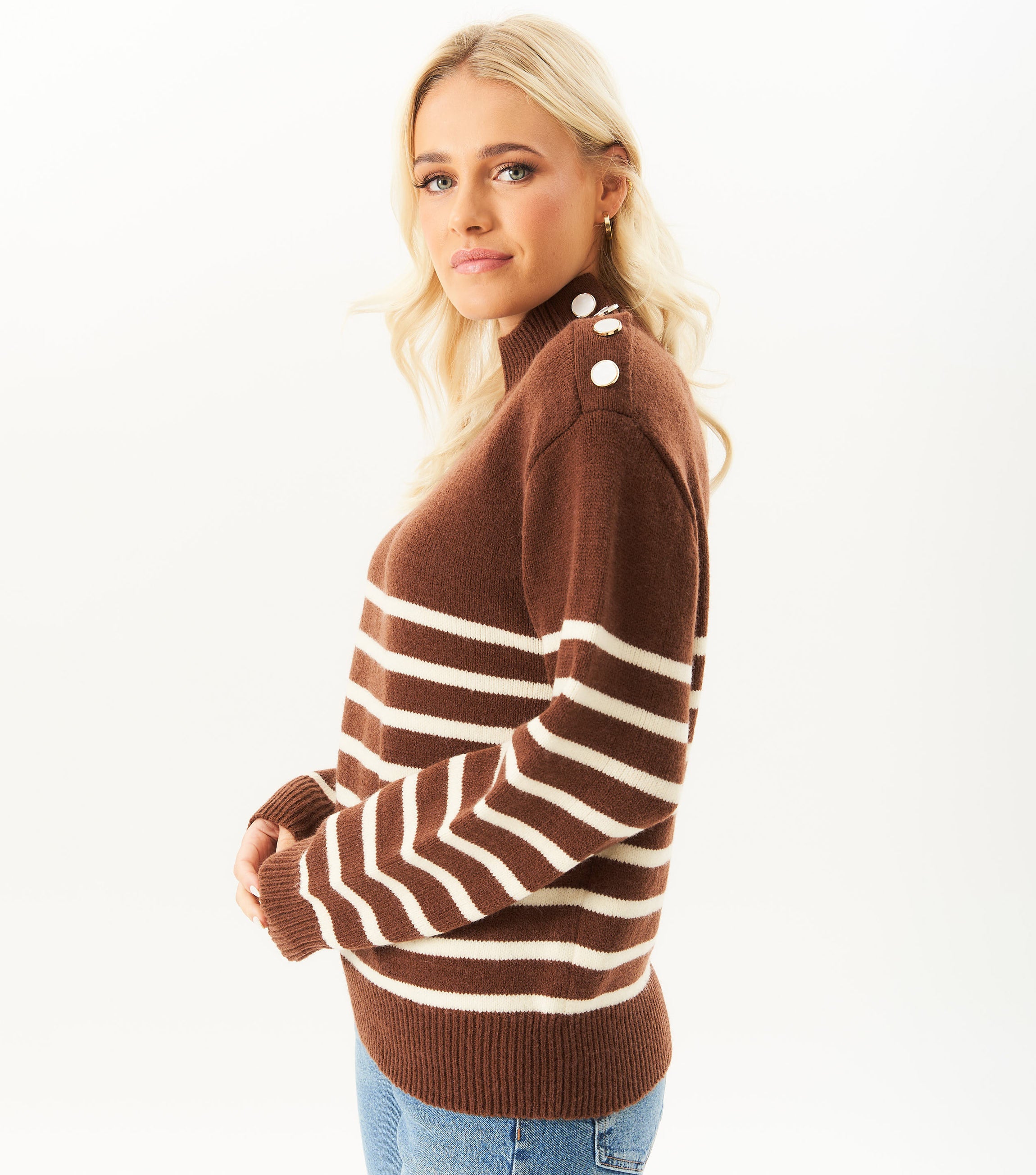 Brown High Neck Stripe Oversized Jumper