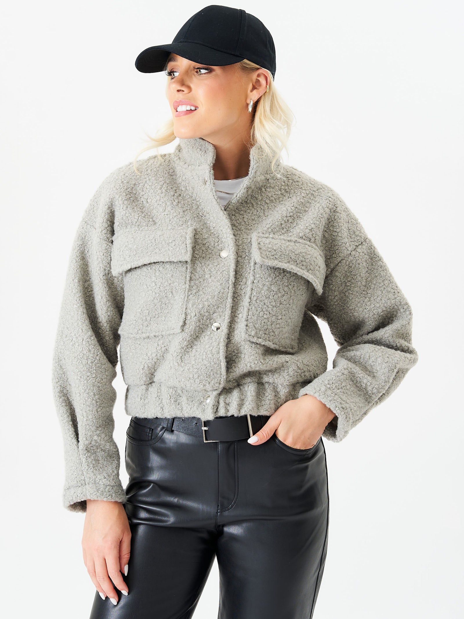 Grey Boucle Wool Elasticated Waist Cropped Jacket