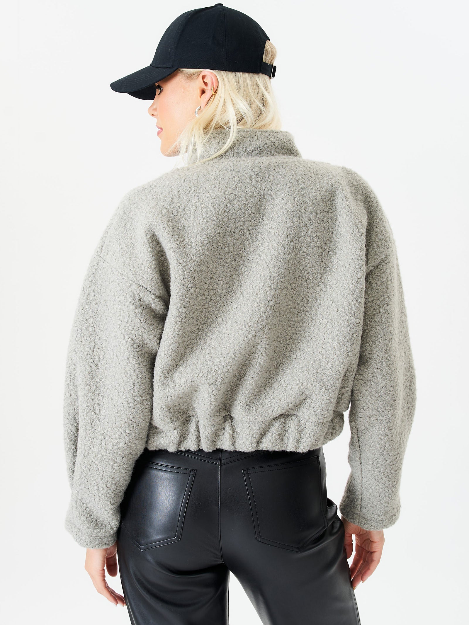 Grey Boucle Wool Elasticated Waist Cropped Jacket