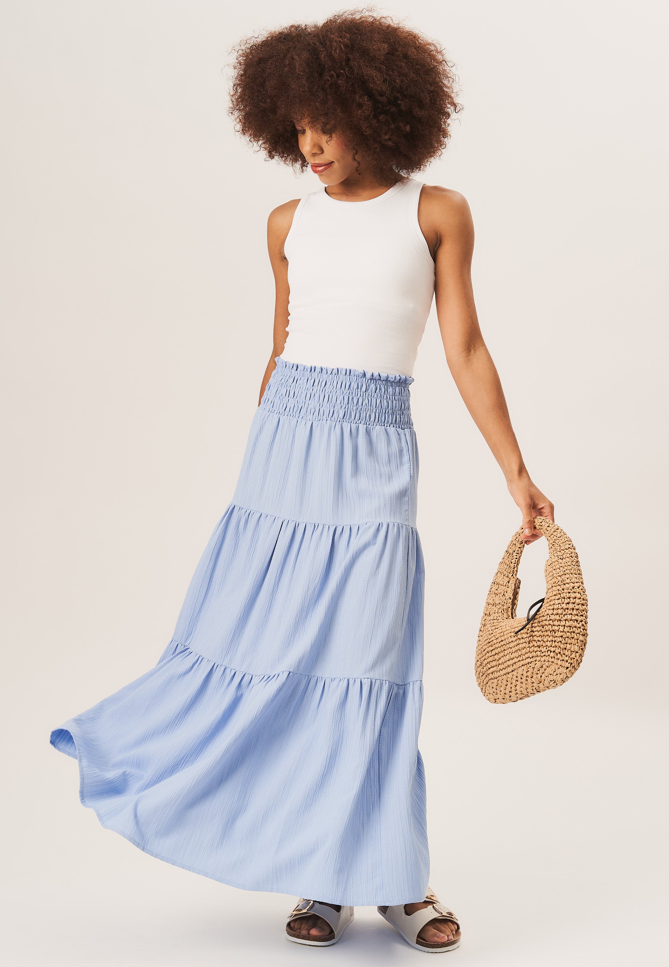 Blue Smocked Tiered Maxi Skirt