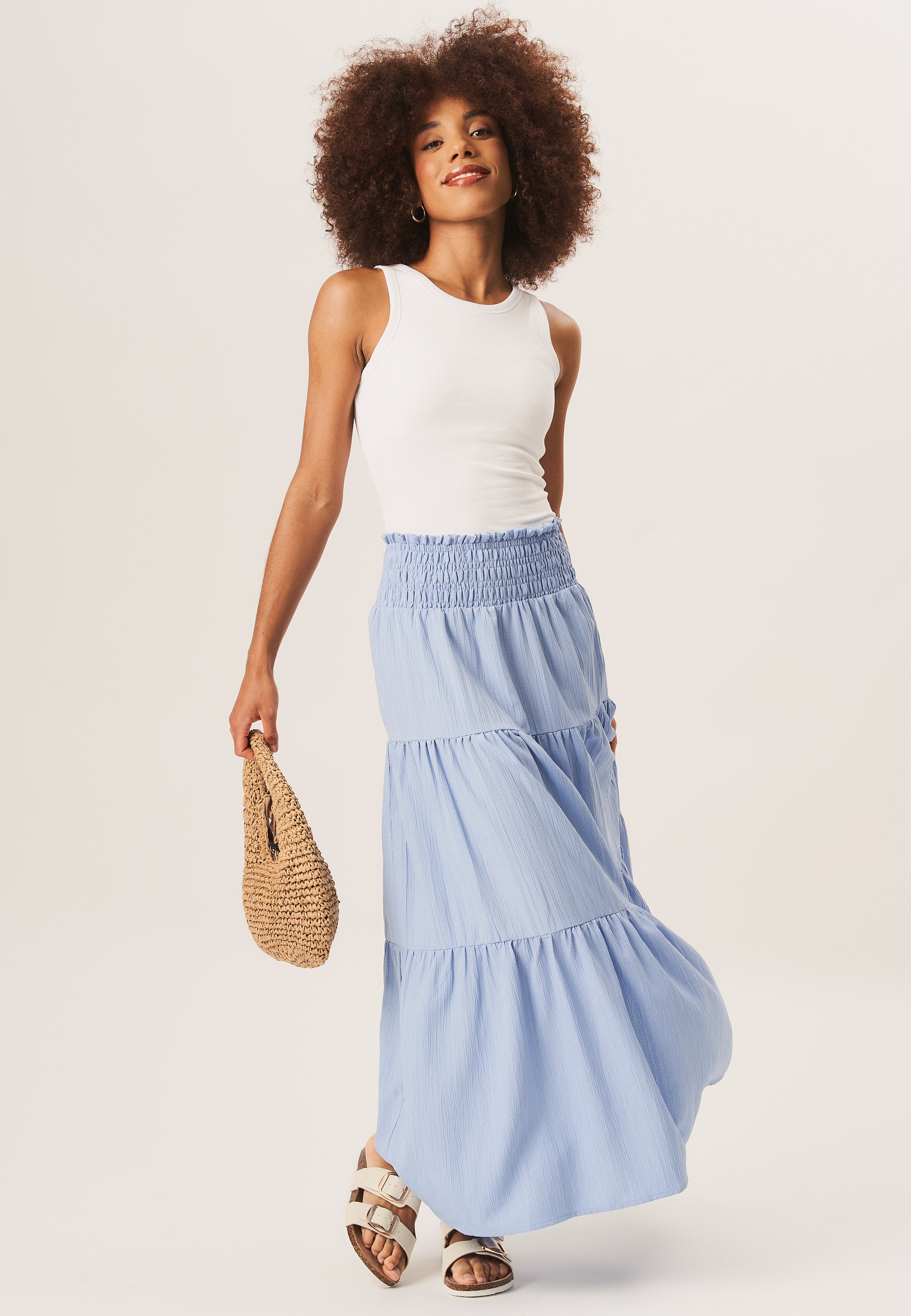 Blue Smocked Tiered Maxi Skirt