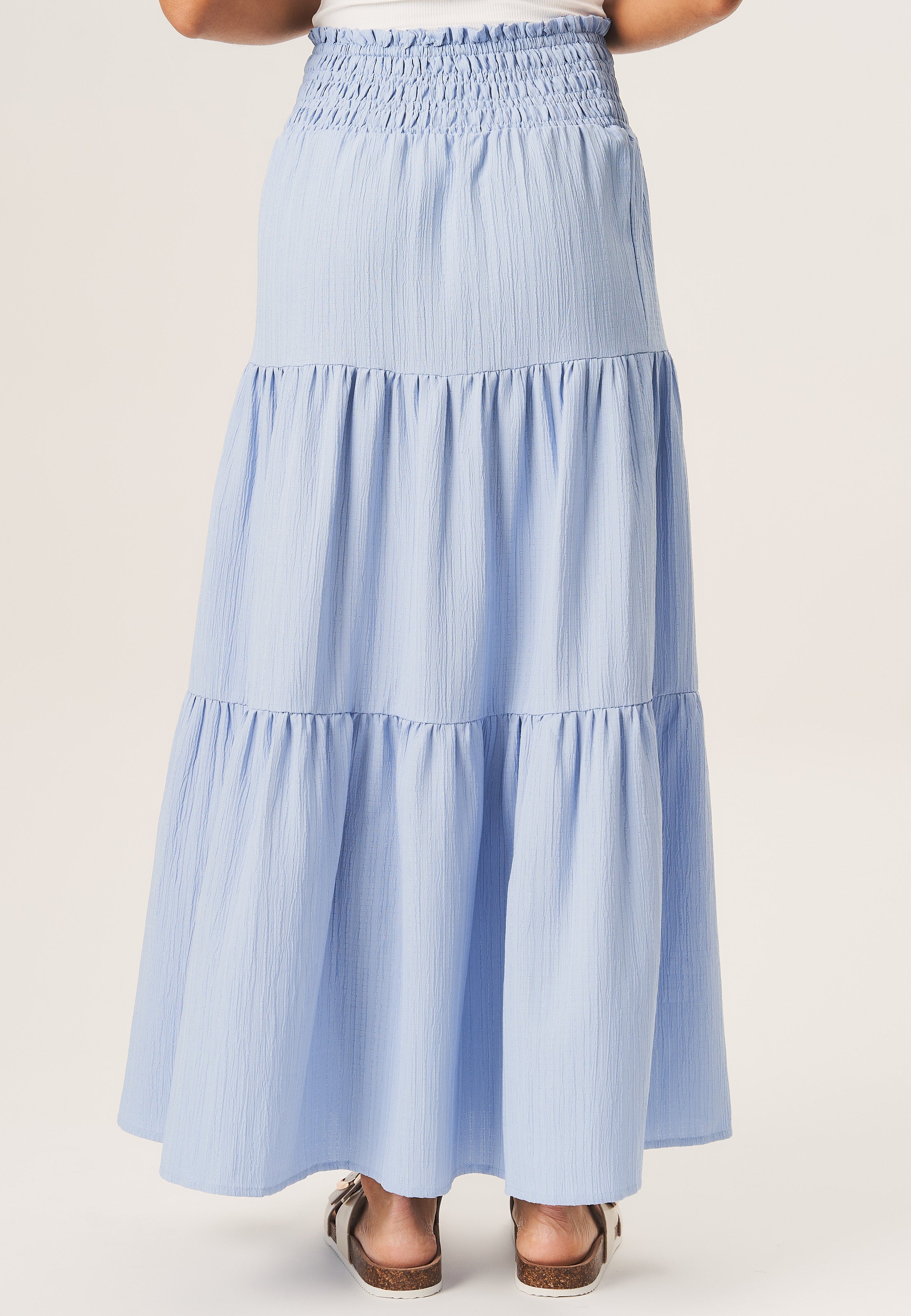 Blue Smocked Tiered Maxi Skirt