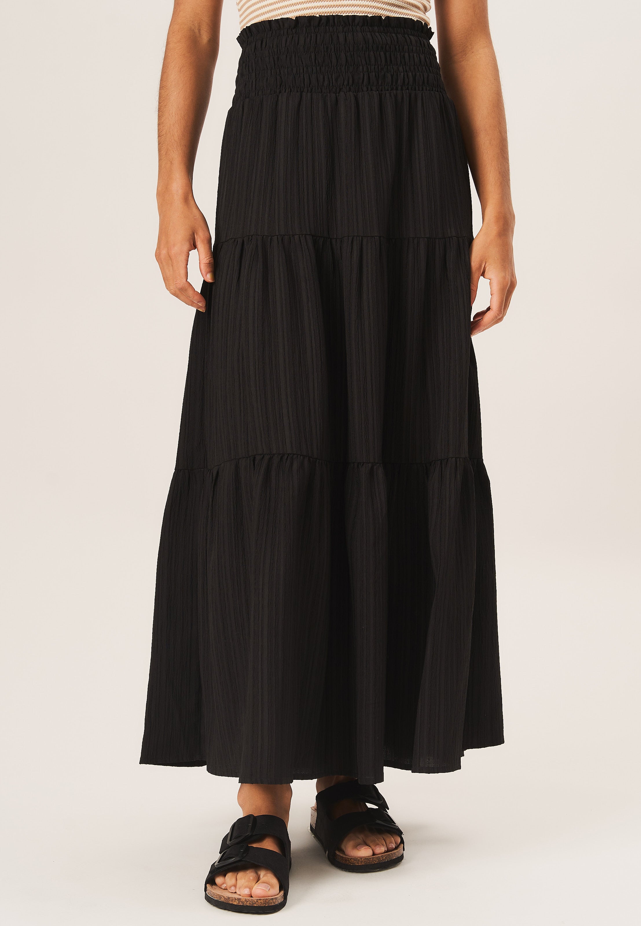 Black Smocked Tiered Maxi Skirt