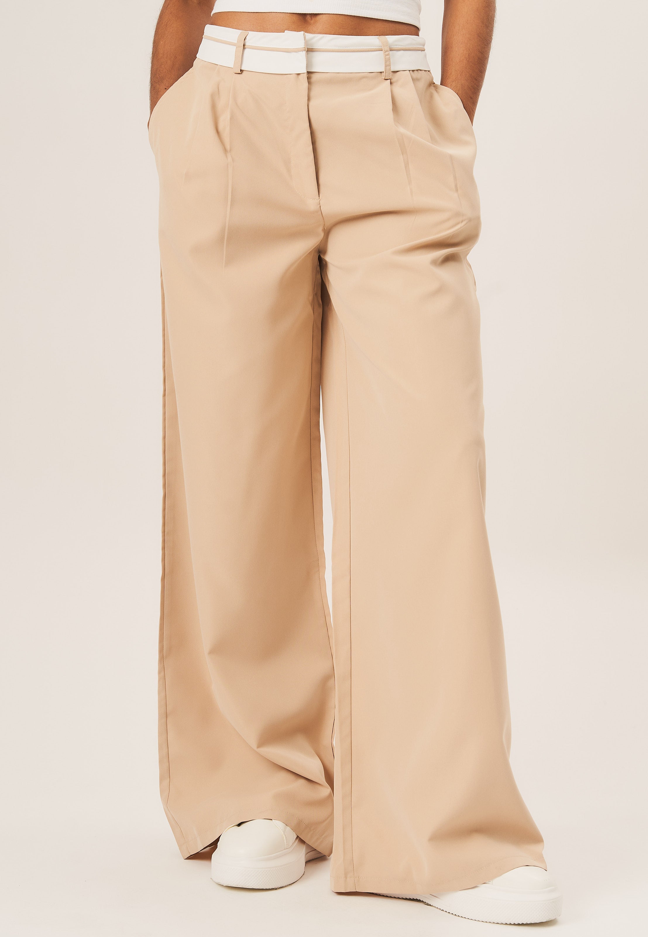 Beige Tailored Wide Leg Trousers