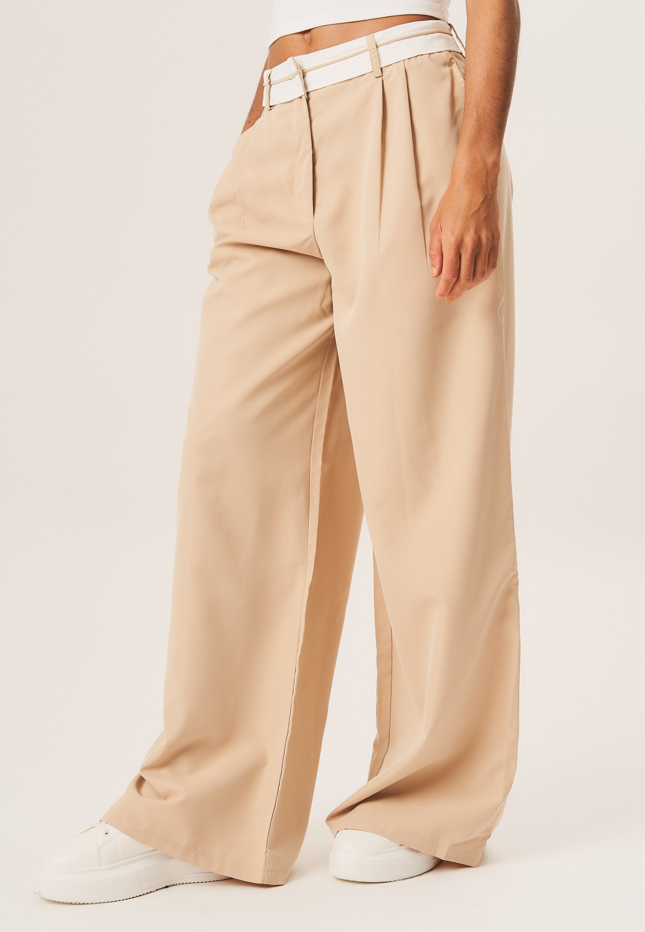 Beige Tailored Wide Leg Trousers