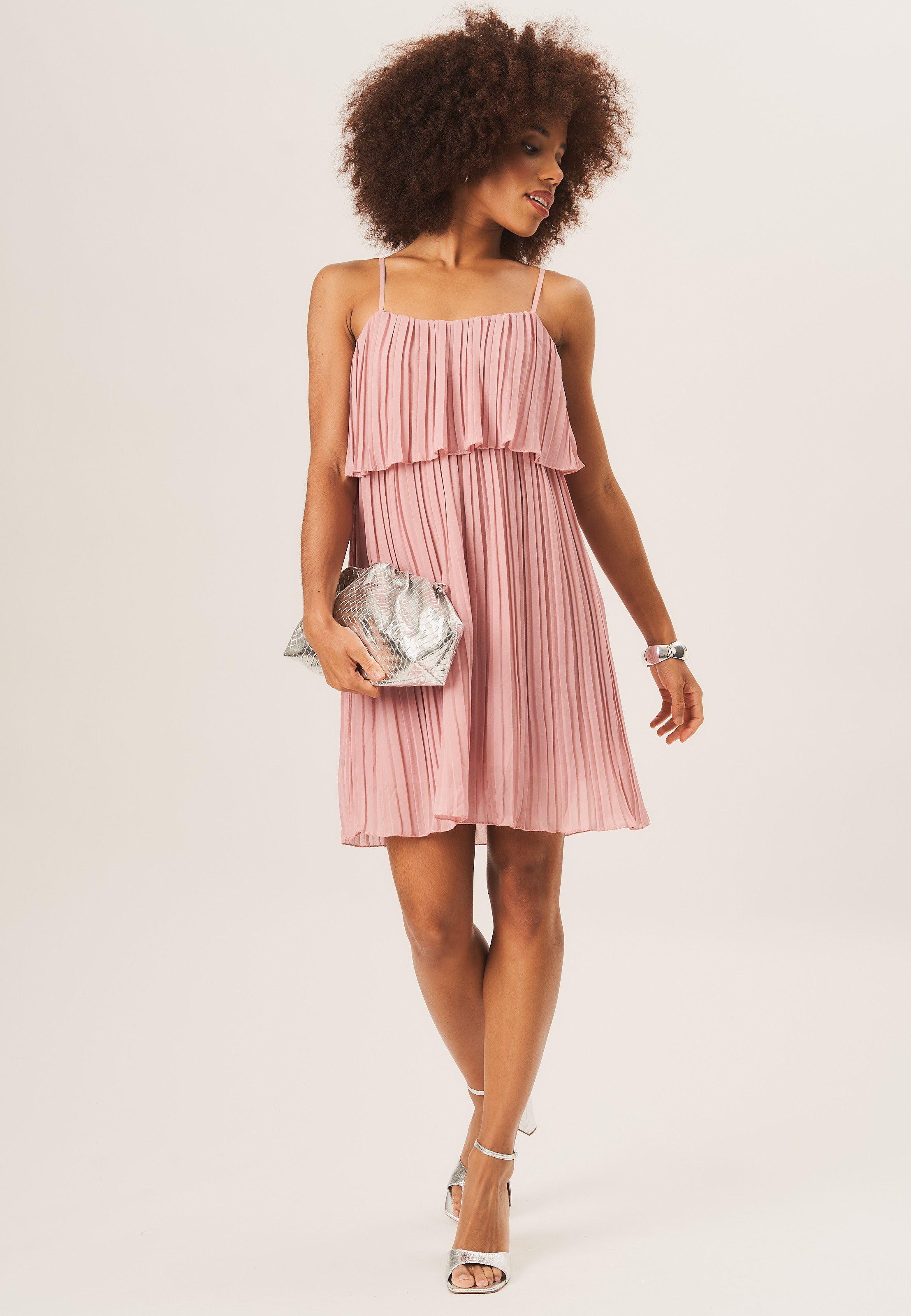 Dusty Pink Strappy Layered Top Pleated Mini Dress