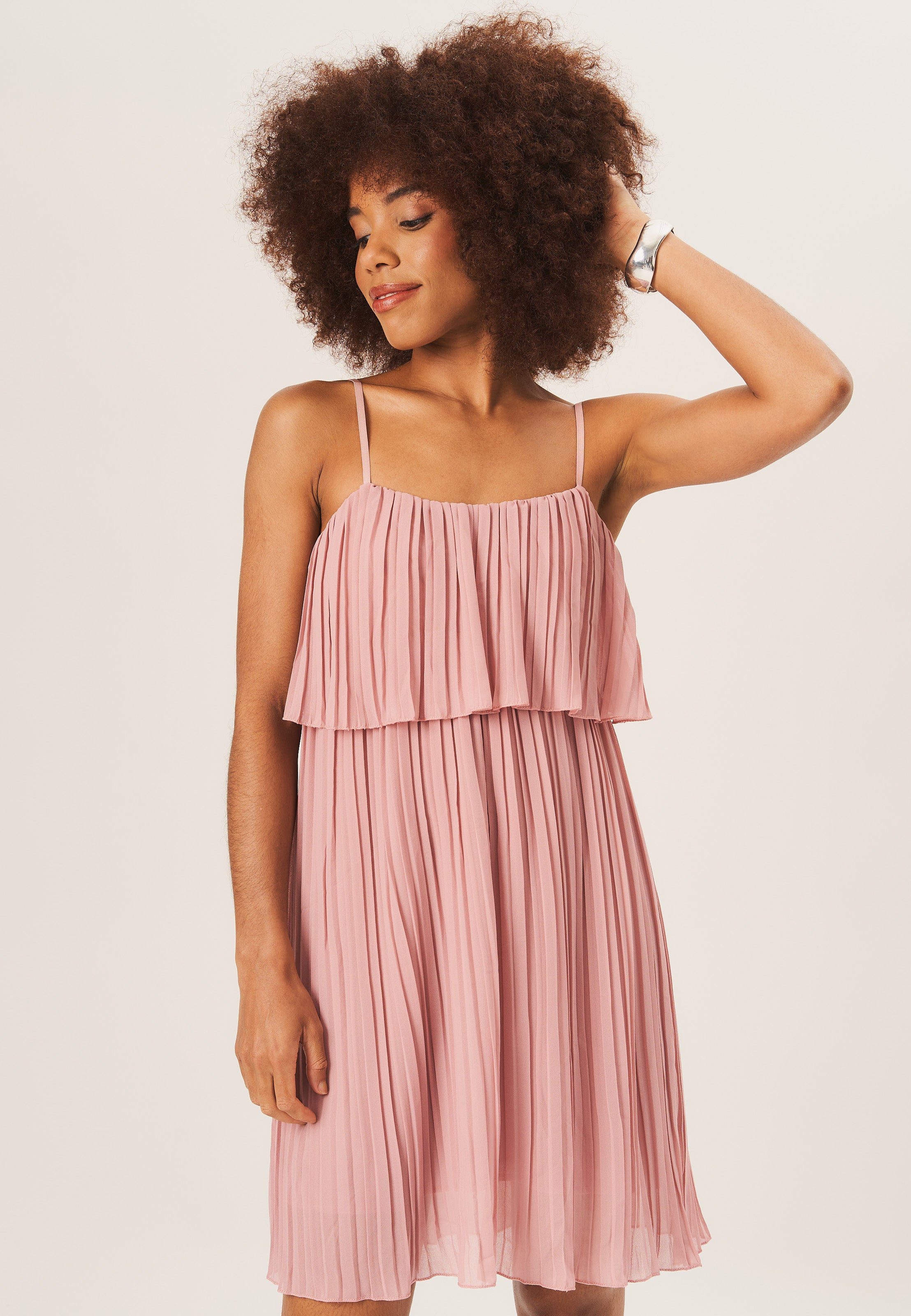 Dusty Pink Strappy Layered Top Pleated Mini Dress