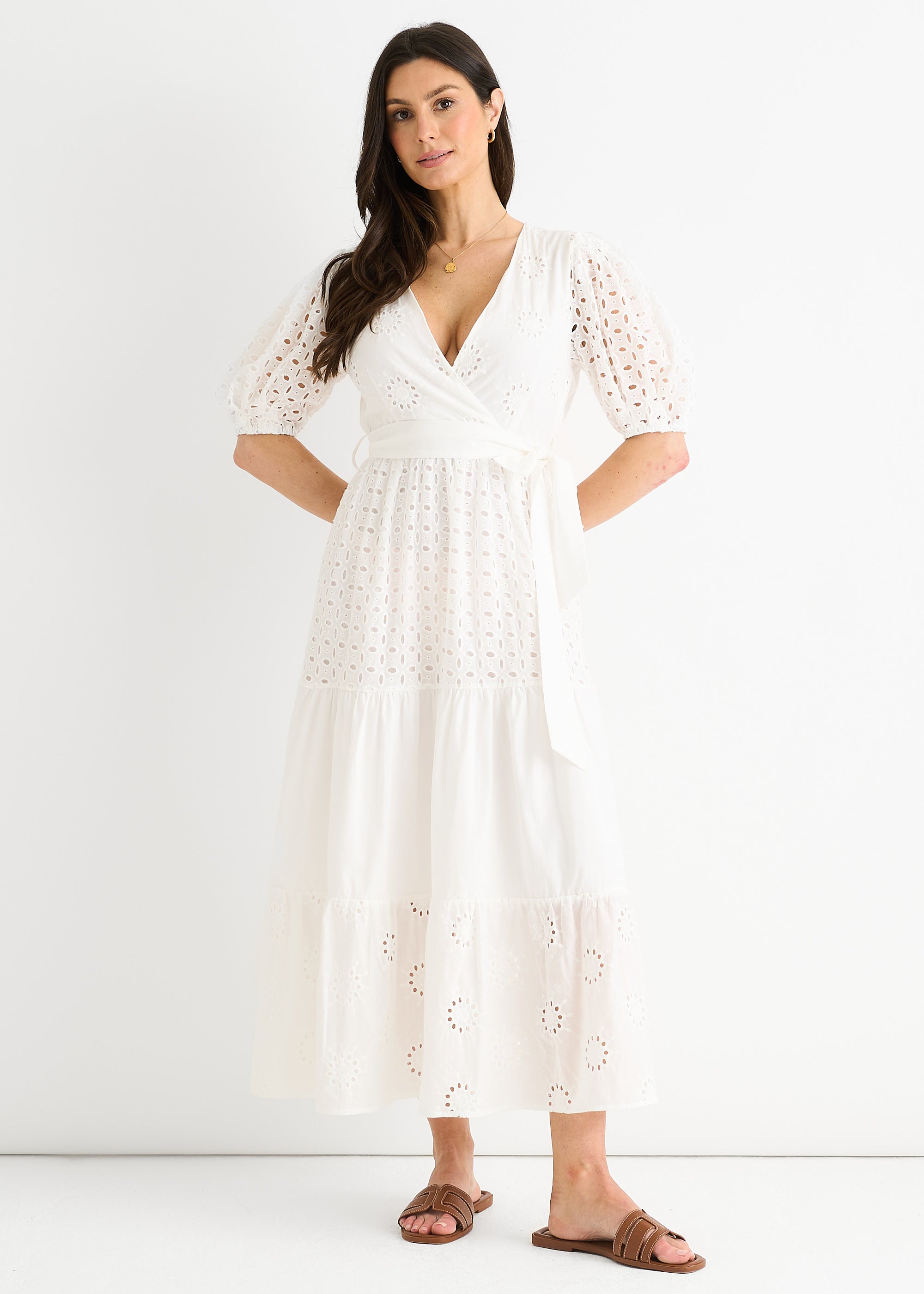 White Wrap Broderie Cotton Belted Midi Dress