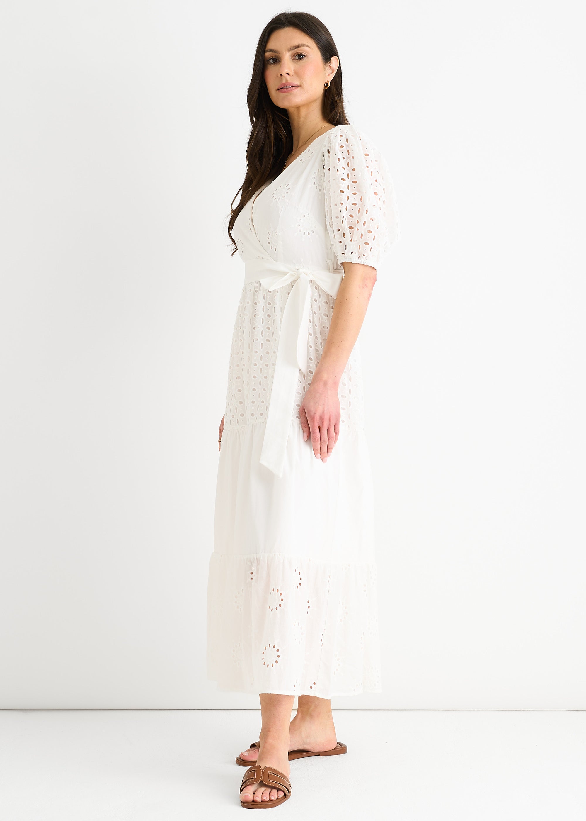 White Wrap Broderie Cotton Belted Midi Dress