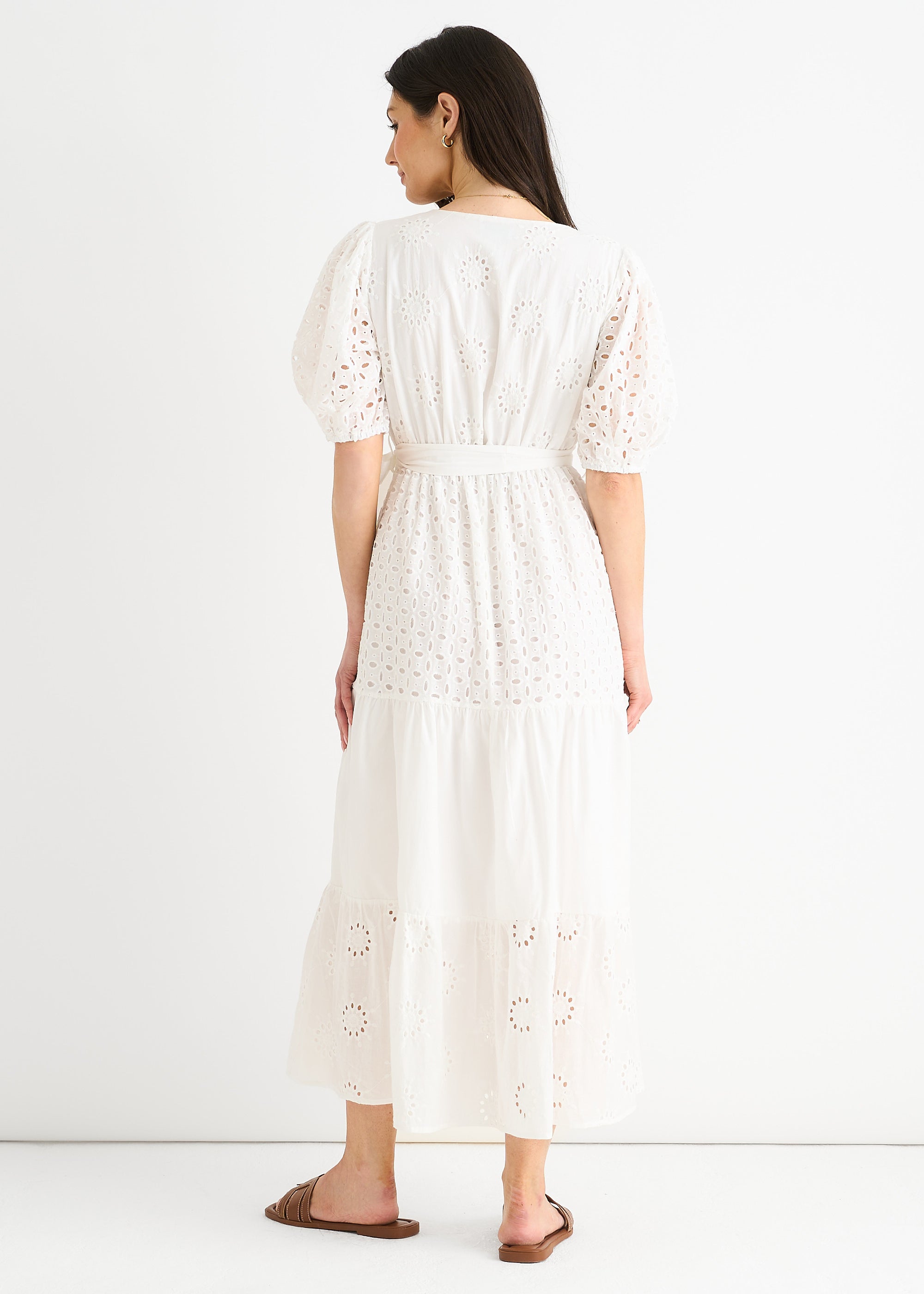 White Wrap Broderie Cotton Belted Midi Dress