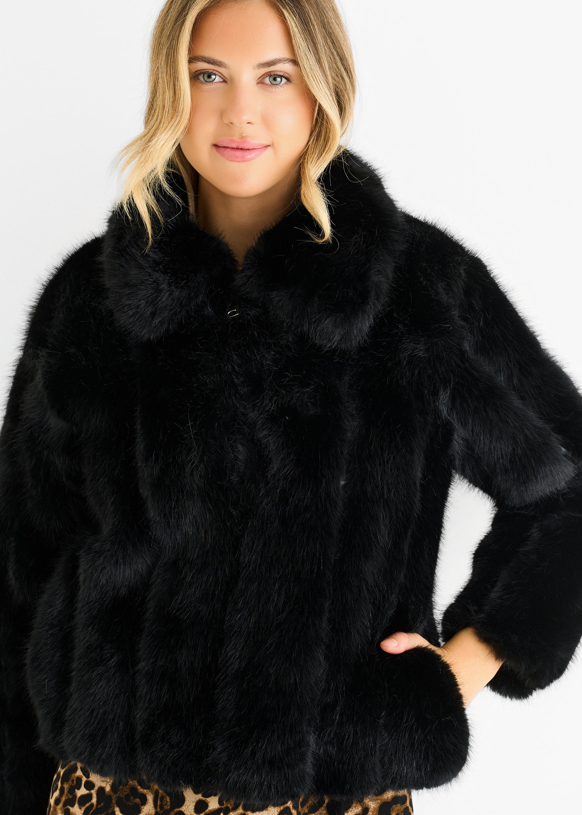 Black Zip Front Faux Fur Short Jacket