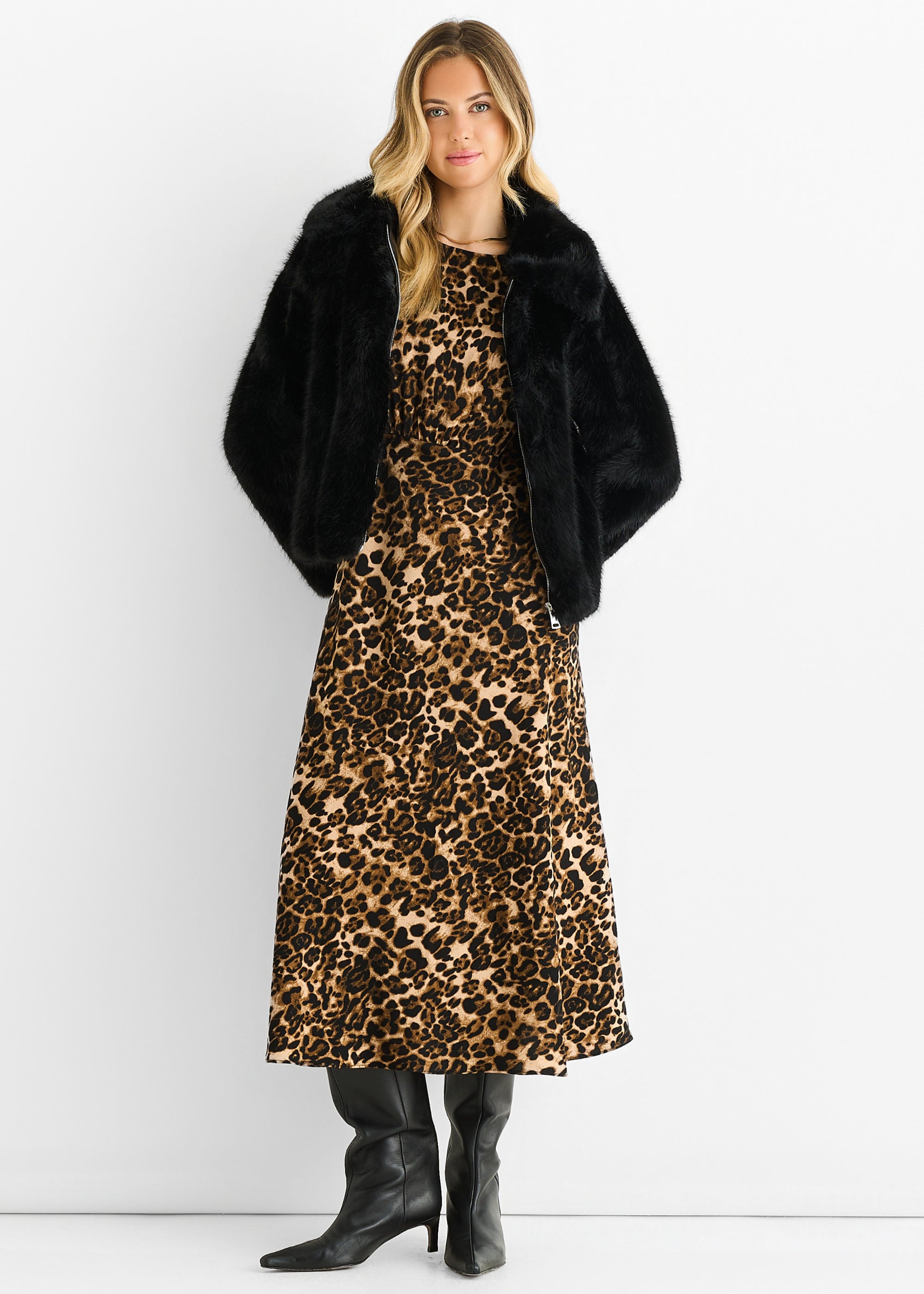 Black Zip Front Faux Fur Short Jacket